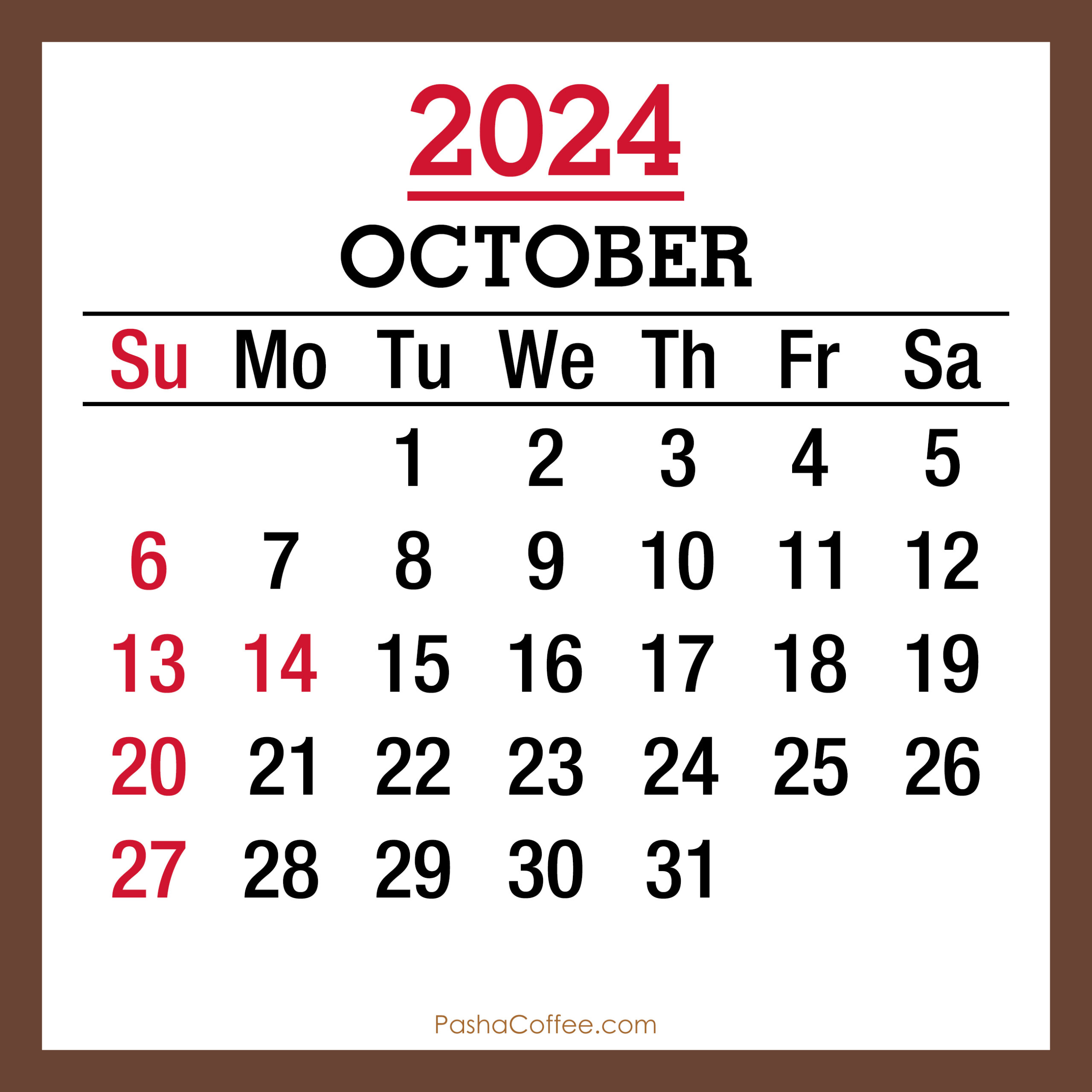 October 2024 Monthly Calendar With Holidays, Printable Free, Brown | October 2024 Calendar with Holidays