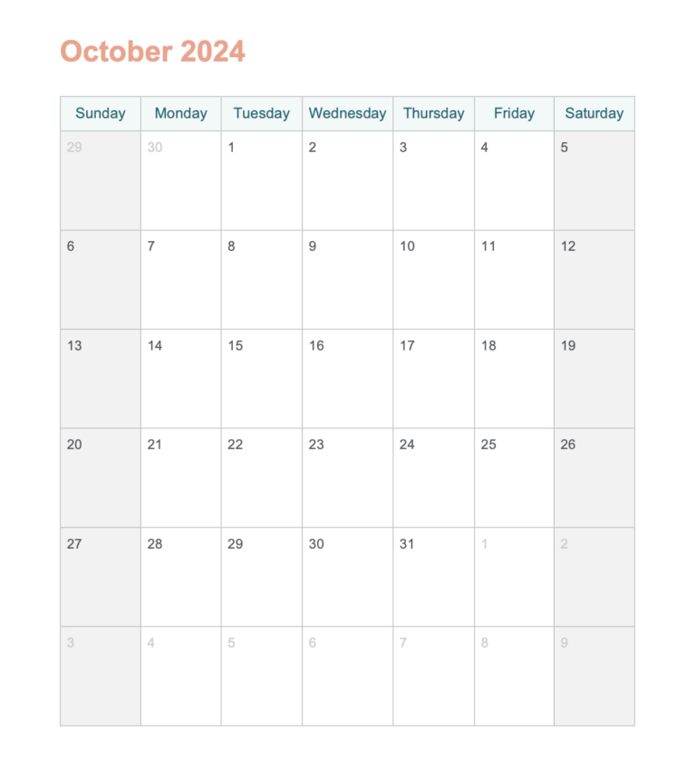 October 2024 Printable Calendar With Word - Agendrix | October 2024 Calendar Printable Word