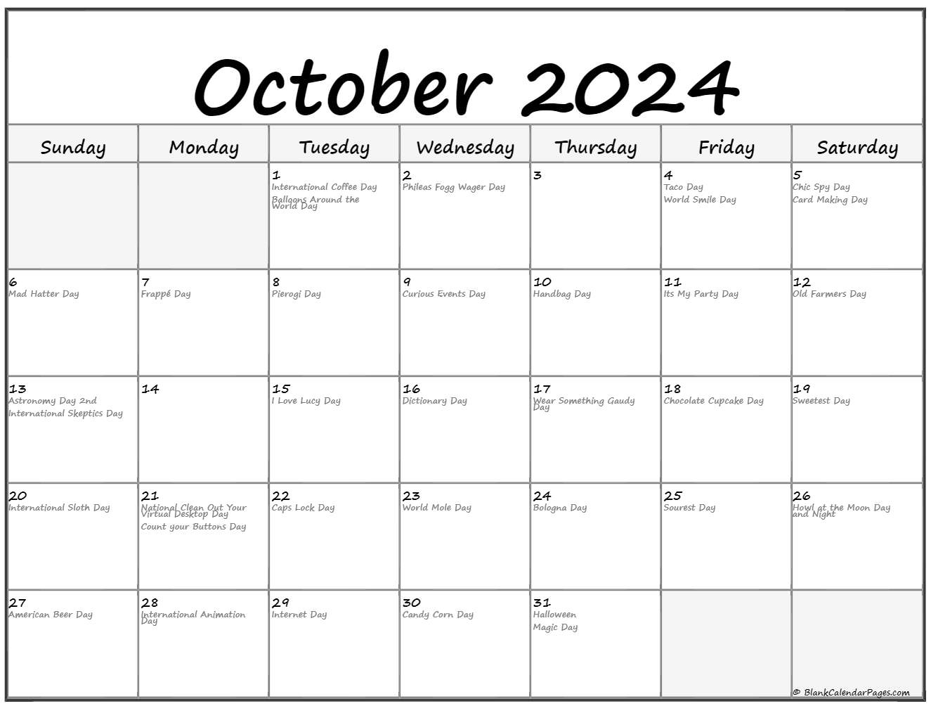 October 2024 With Holidays Calendar | National Calendar Day October 2024