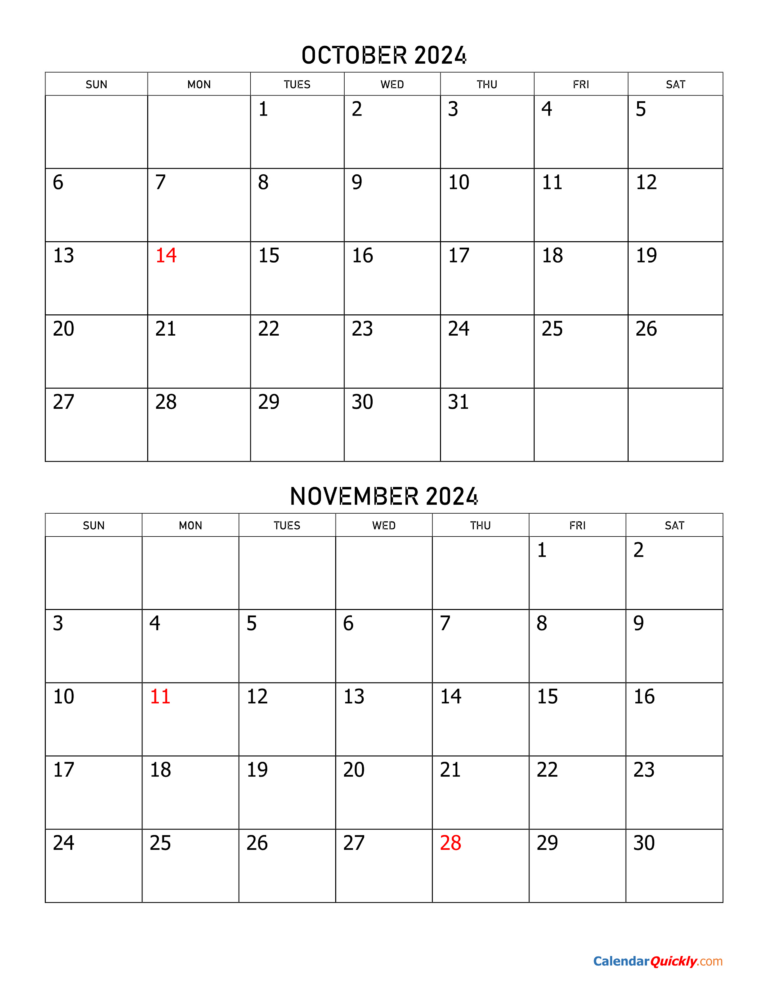 October And November 2024 Calendar | Calendar Quickly | Calendar October November 2024 Printable