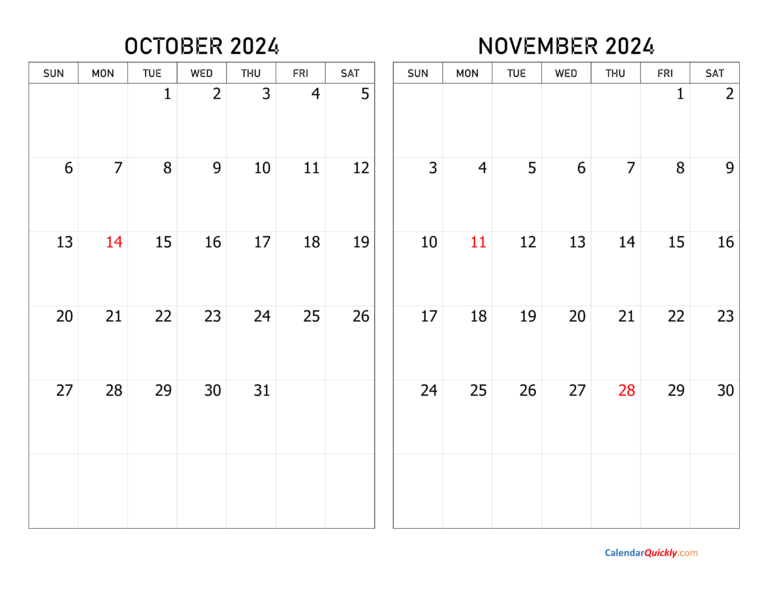 October And November 2024 Calendar | Calendar Quickly | Free Printable Calendar October and November 2024