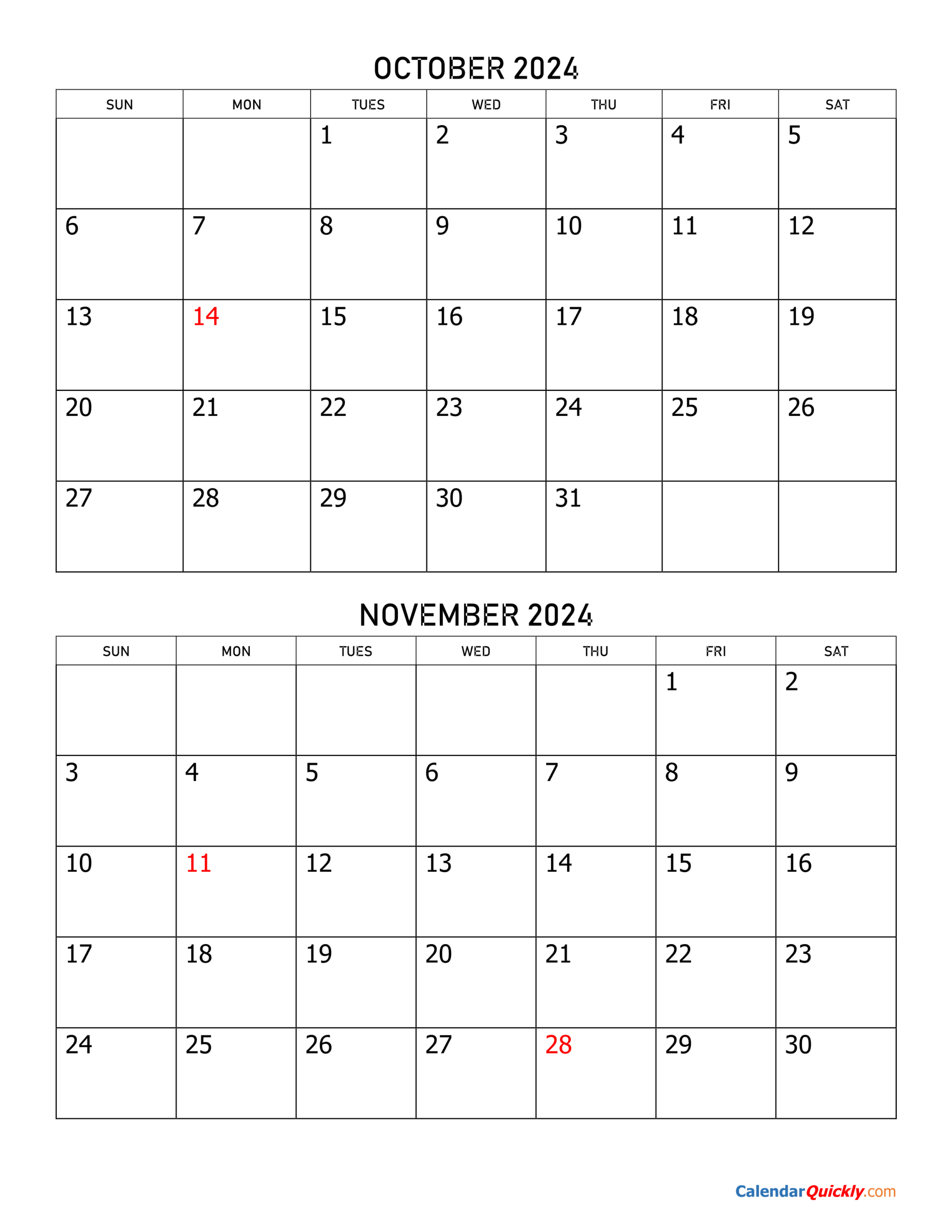 October And November 2024 Calendar | Calendar Quickly | October And November 2024 Calendar Printable