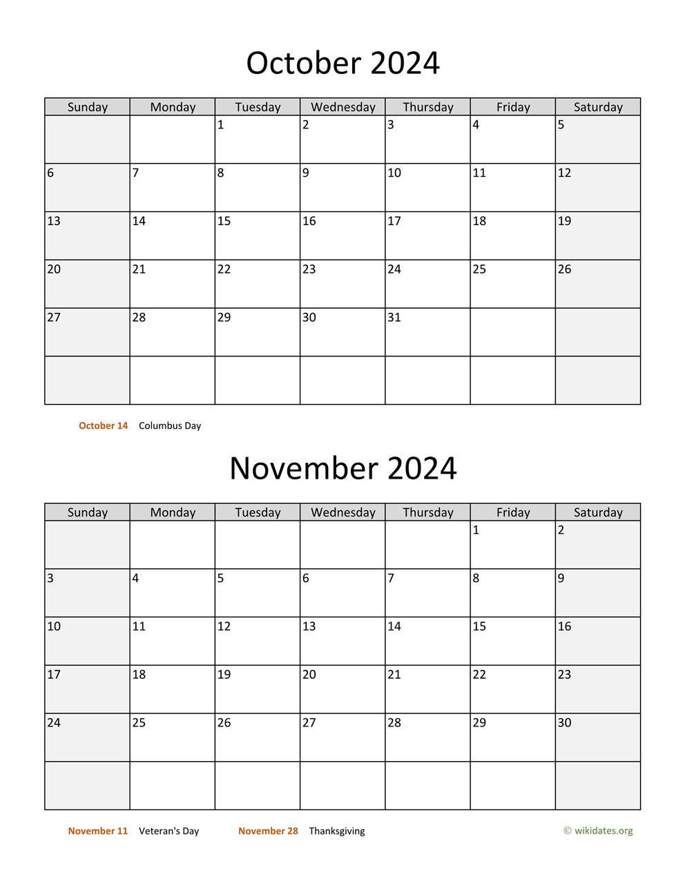 October And November 2024 Calendar | Wikidates | Free Printable Calendar October and November 2024