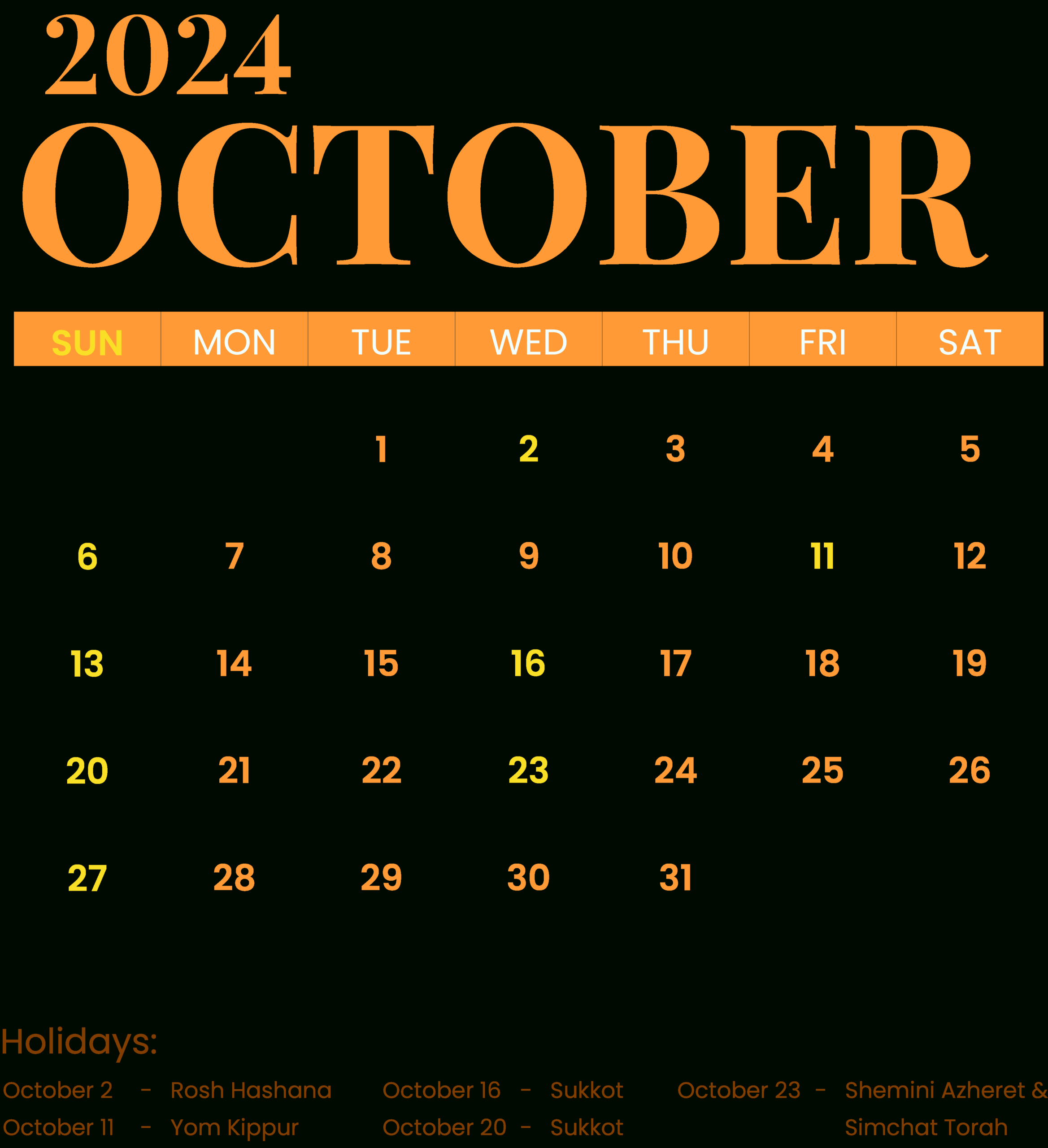 October Calendar 2024 With Jewish Holidays Template - Edit Online | Hebrew Calendar October 2024