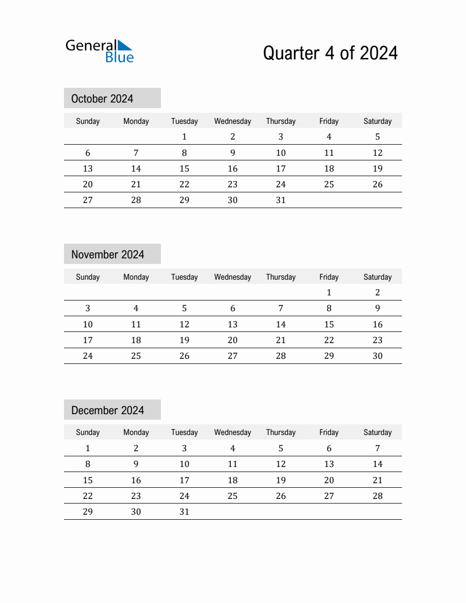 October, November, And December 2024 Calendar Template | October-December 2024 Calendar