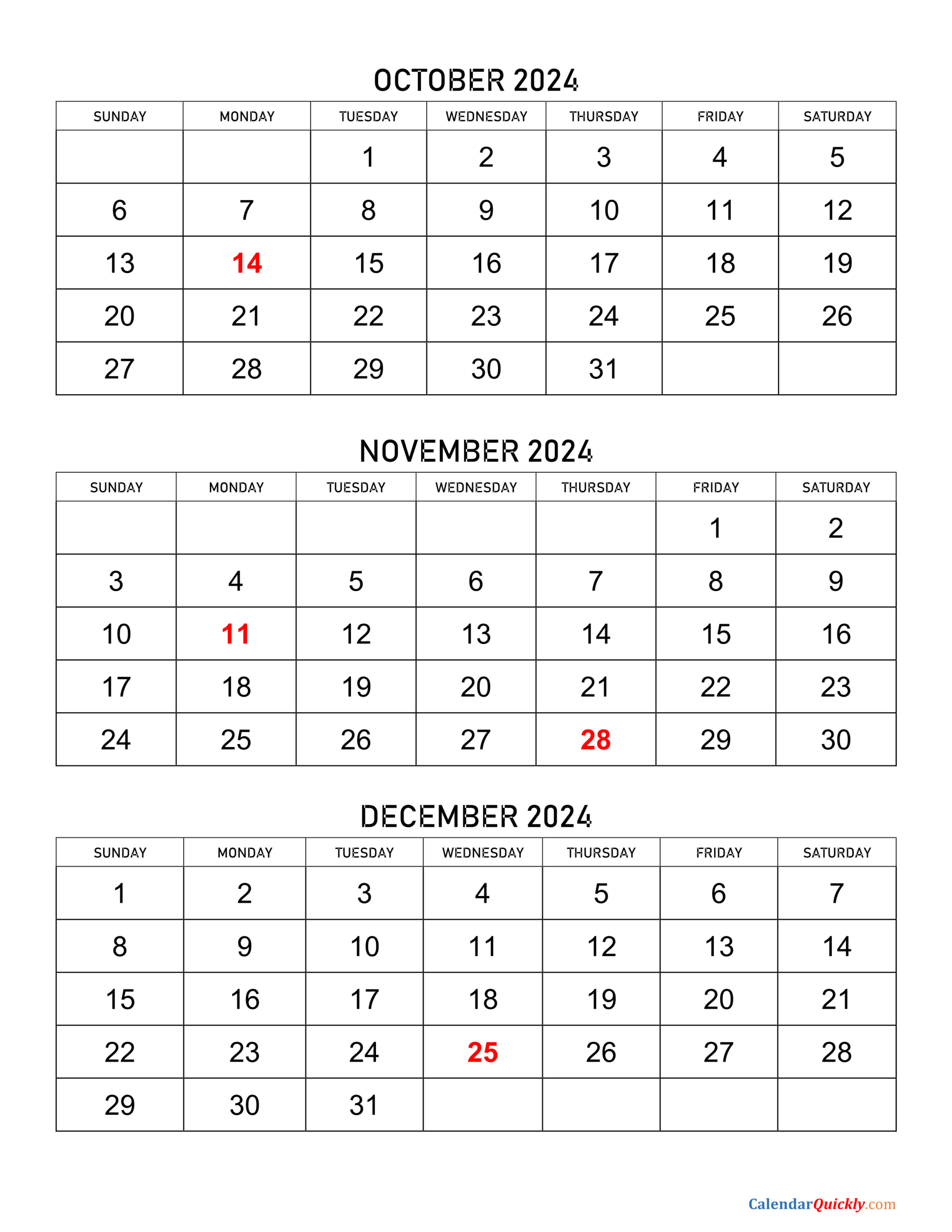 October To December 2024 Calendar | Calendar Quickly | October November December 2024 Calendar Printable