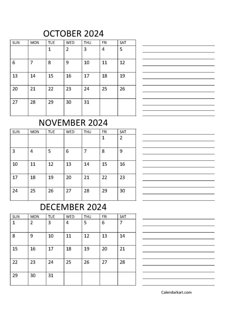 October To December 2024 Calendar (Q4) - Calendarkart | Calendar Printable October November December 2024