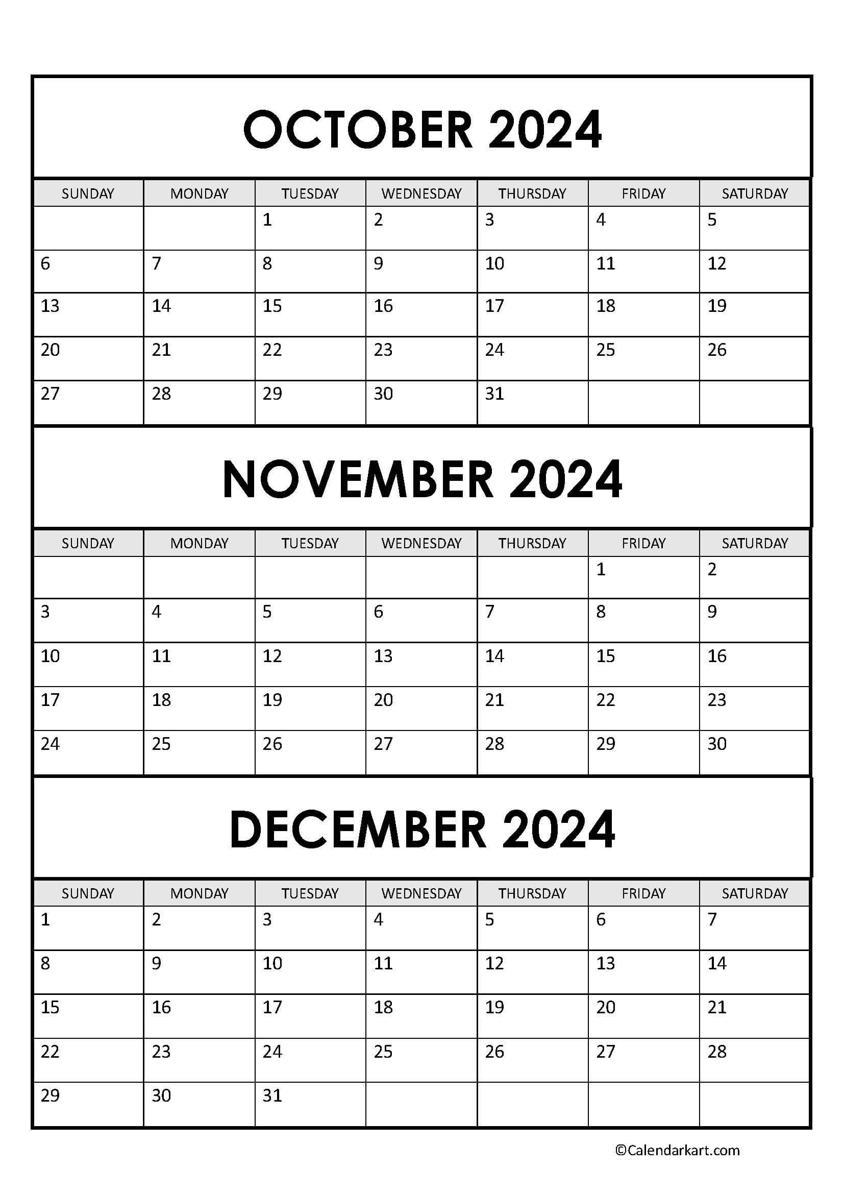 October To December 2024 Calendar (Q4) - Calendarkart | Printable Calendar October November December 2024