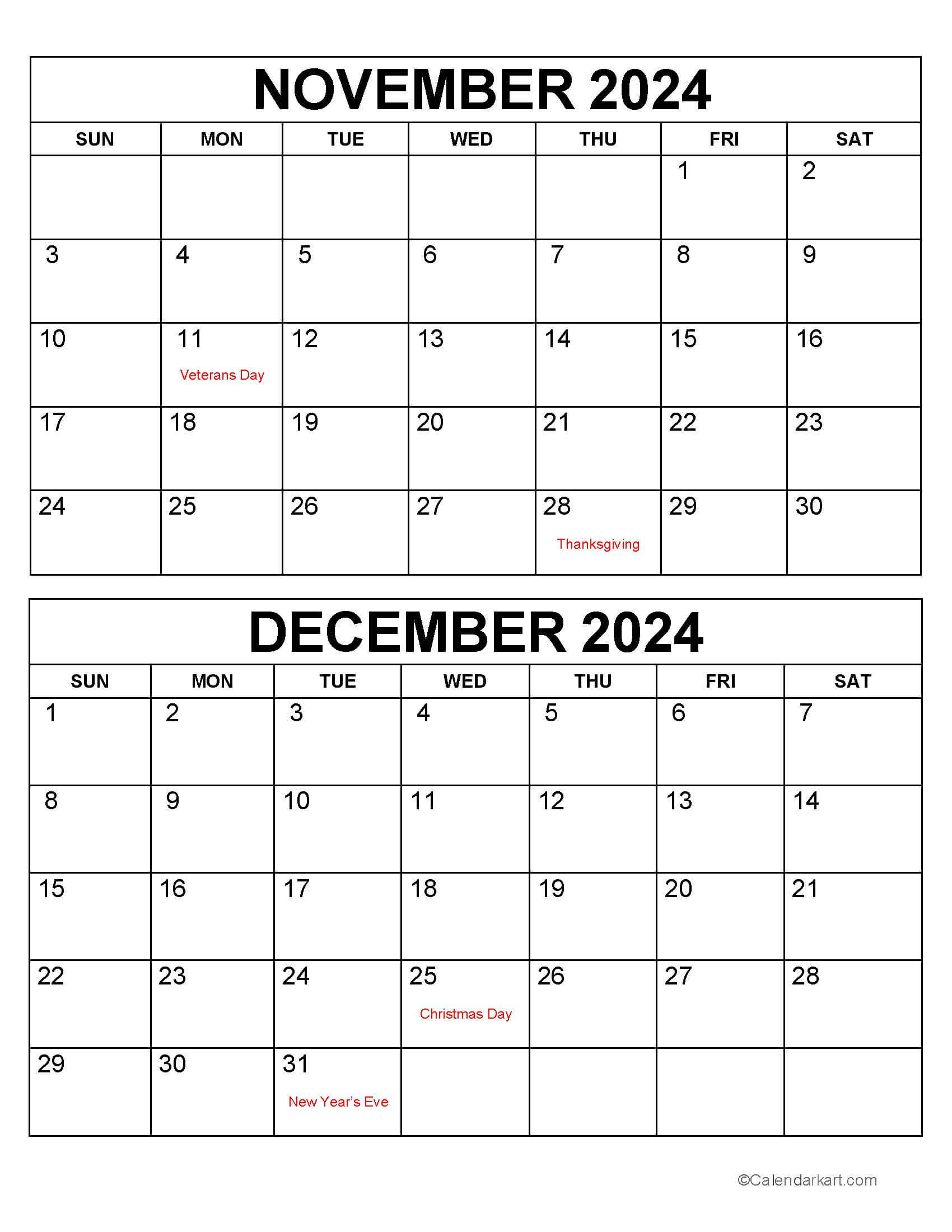 Printable November December 2024 Calendars | Calendarkart | October November December 2024 Calendar