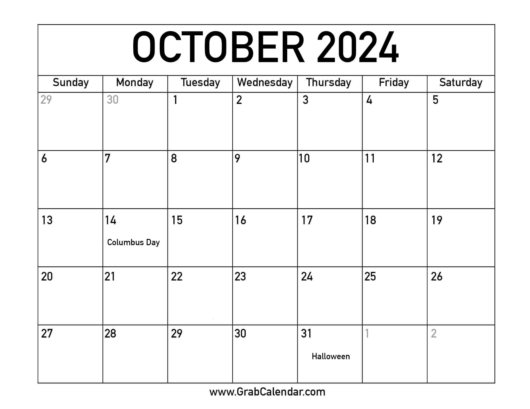 Printable October 2024 Calendar | Holiday Calendar October 2024