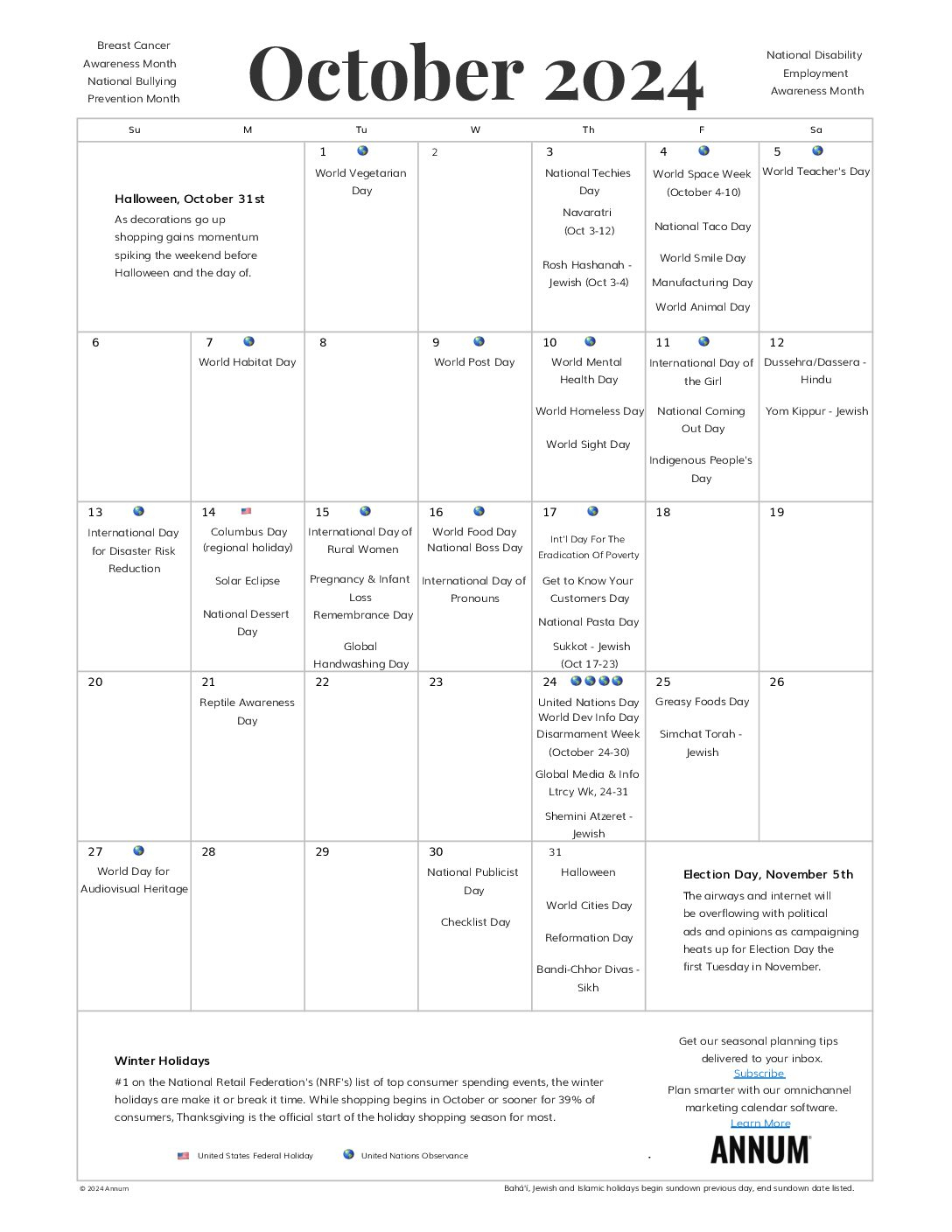 Printable October 2024 Calendar | October Holidays | Annum | National Days In October 2024 Calendar