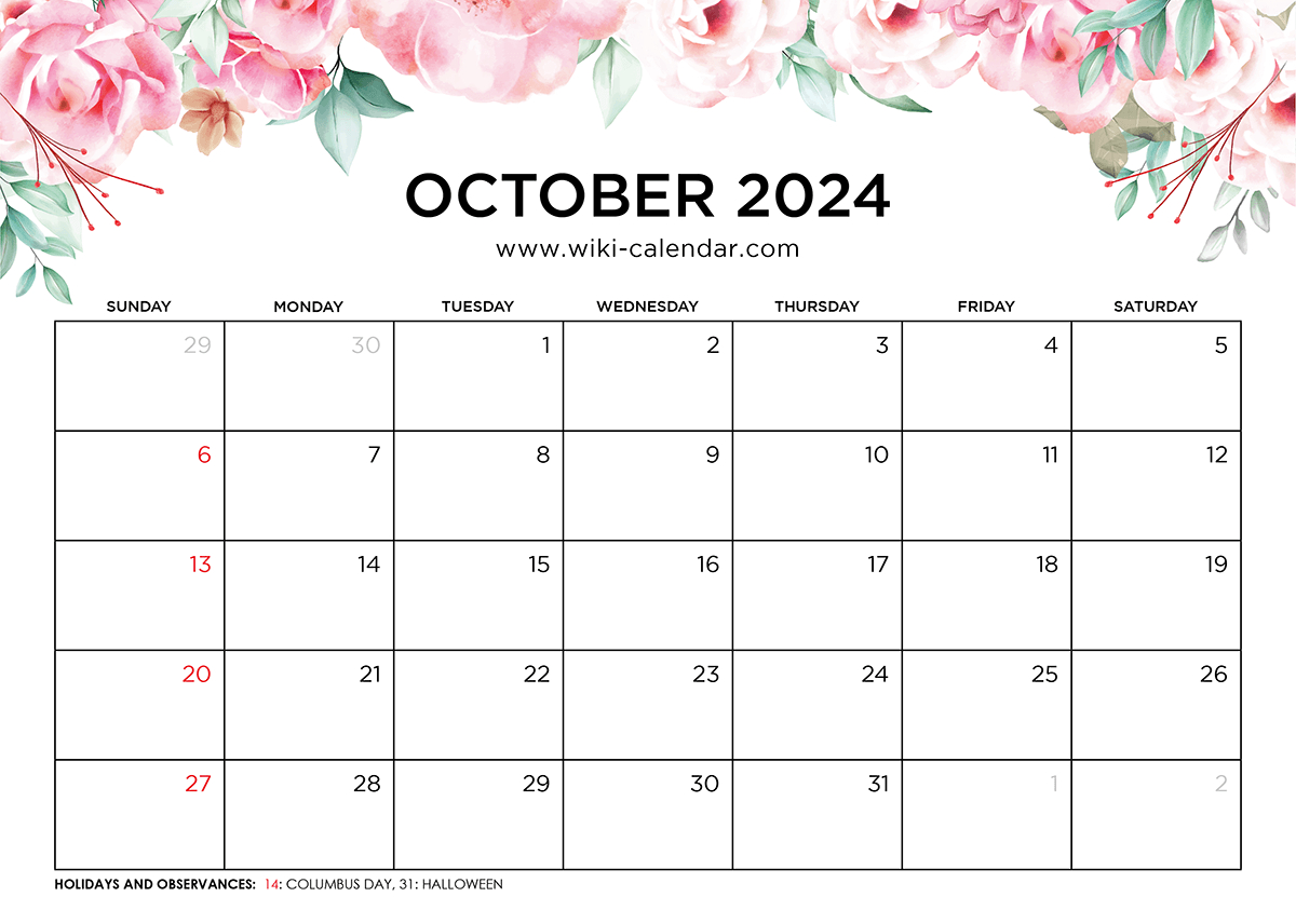 Printable October 2024 Calendar Templates With Holidays | Free Printable Calendar October 2024 Wiki