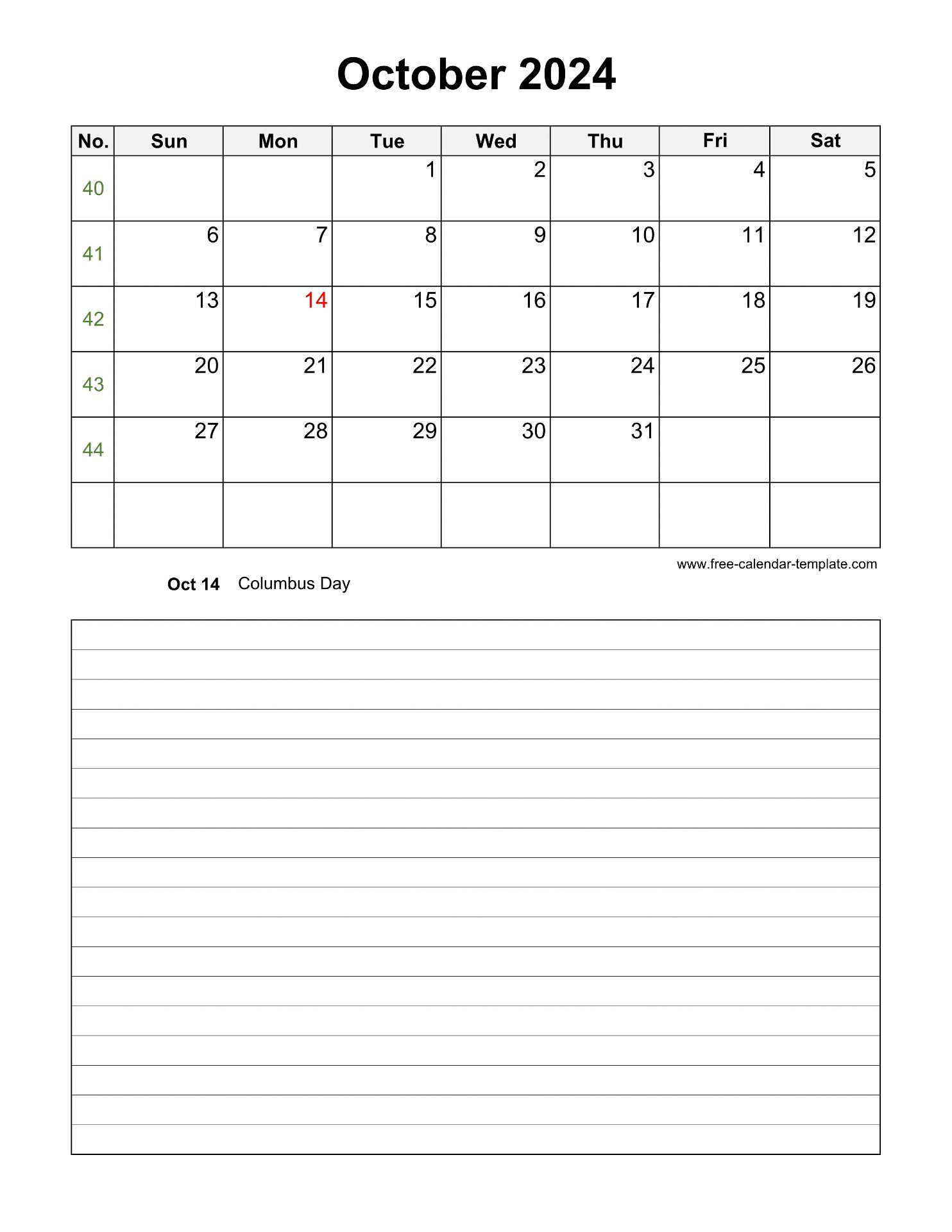 Printable October 2024 Calendar With Space For Appointments | October 2024 Printable Calendar With Notes