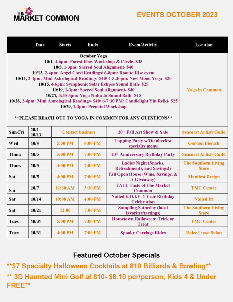 Printable Pdfs Of Monthly Events | Market Common Myrtle Beach | Myrtle Beach Calendar Of Events October 2024