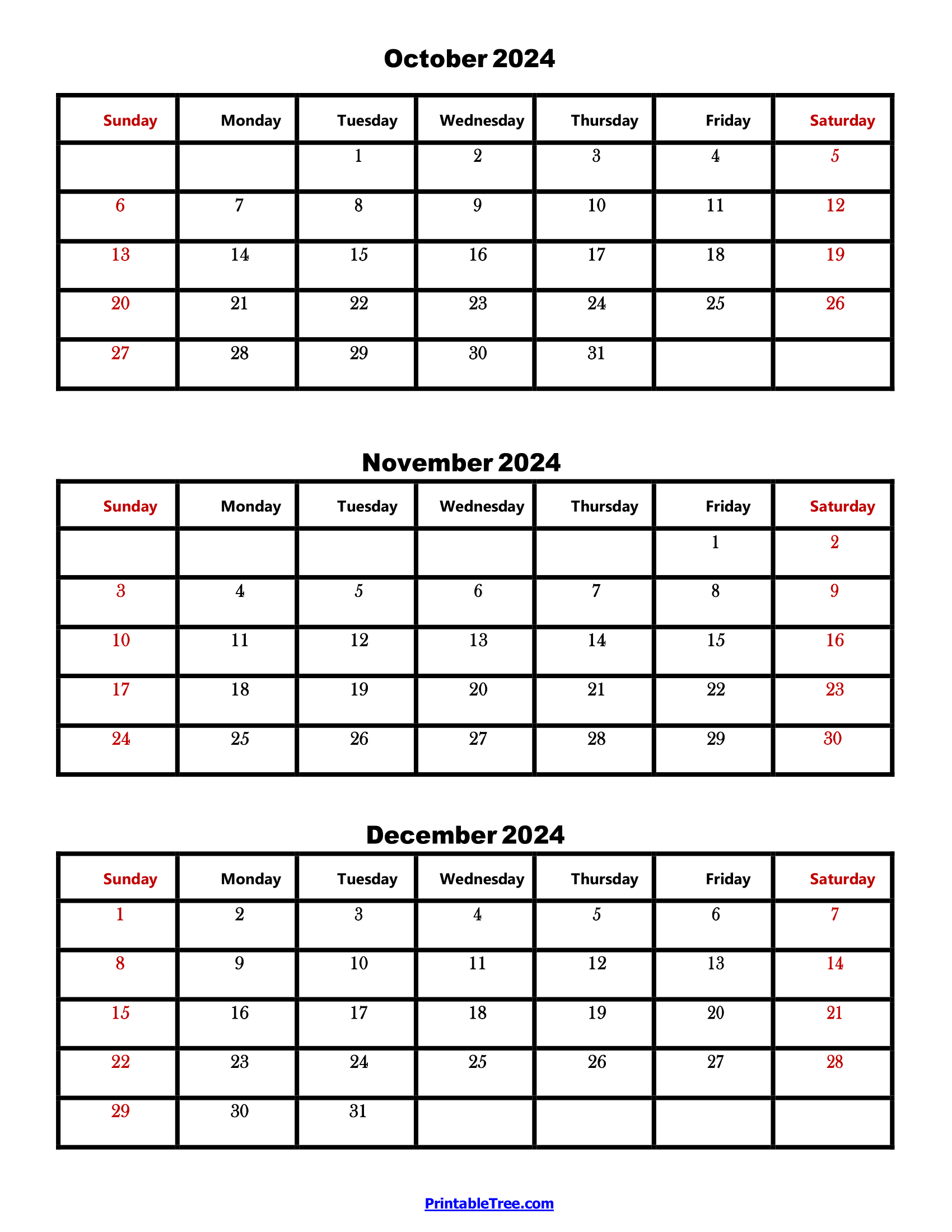 Three Months Calendar Printable Pdf 2024- 2025 | October-December 2024 Calendar