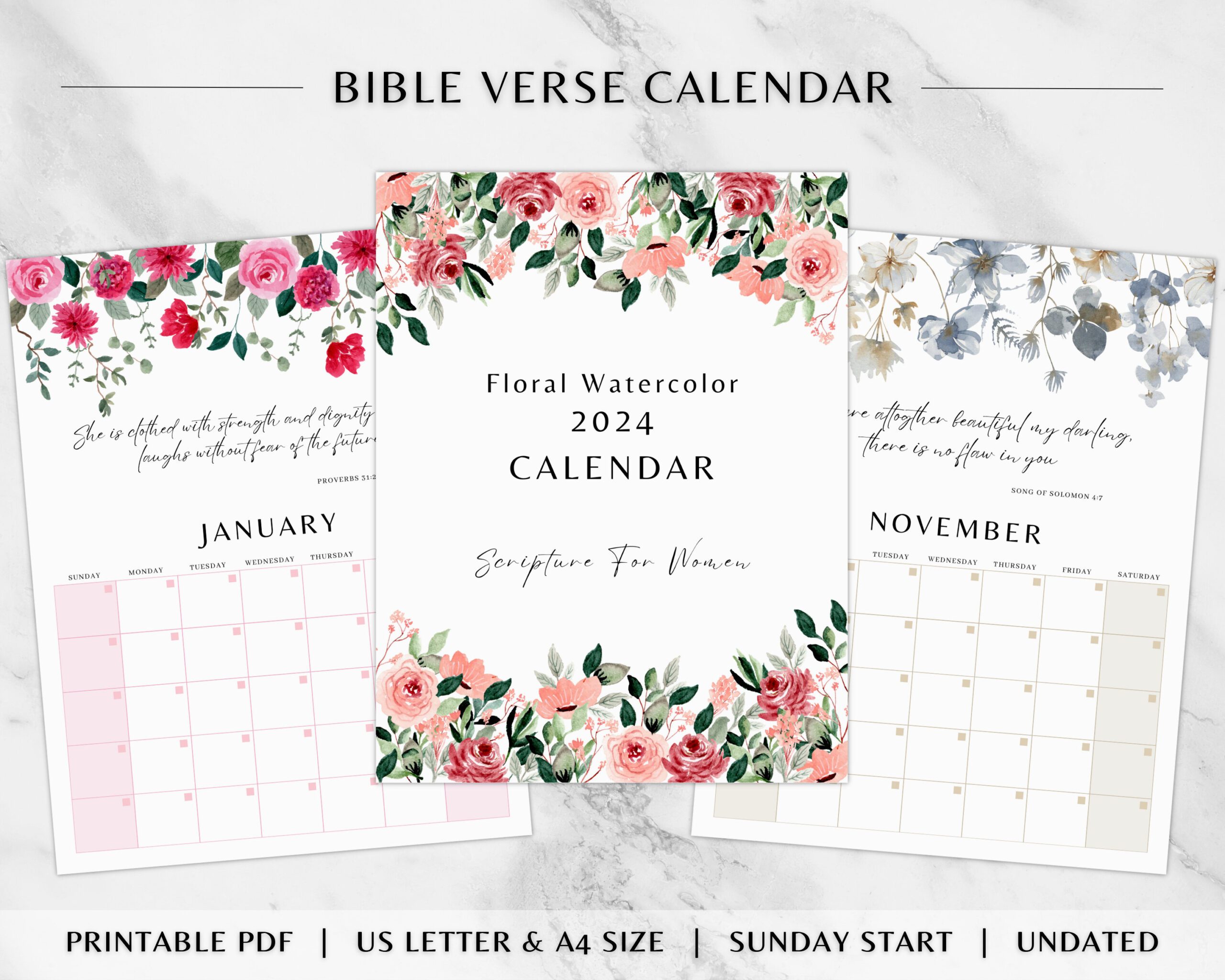 2024 Bible Verse Calendar Floral Watercolor Printable Christian | Printable November 2024 Calendar With Scripture