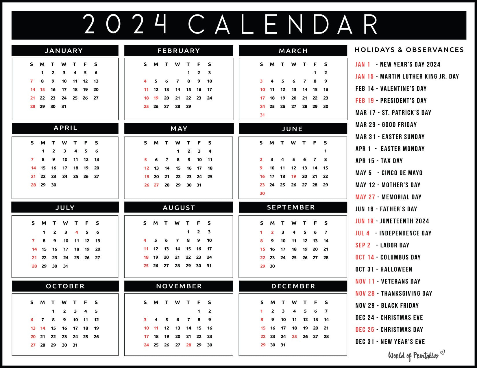 2024 Calendar With Holidays - World Of Printables | 2024 Printable Calendar With Holidays November and December