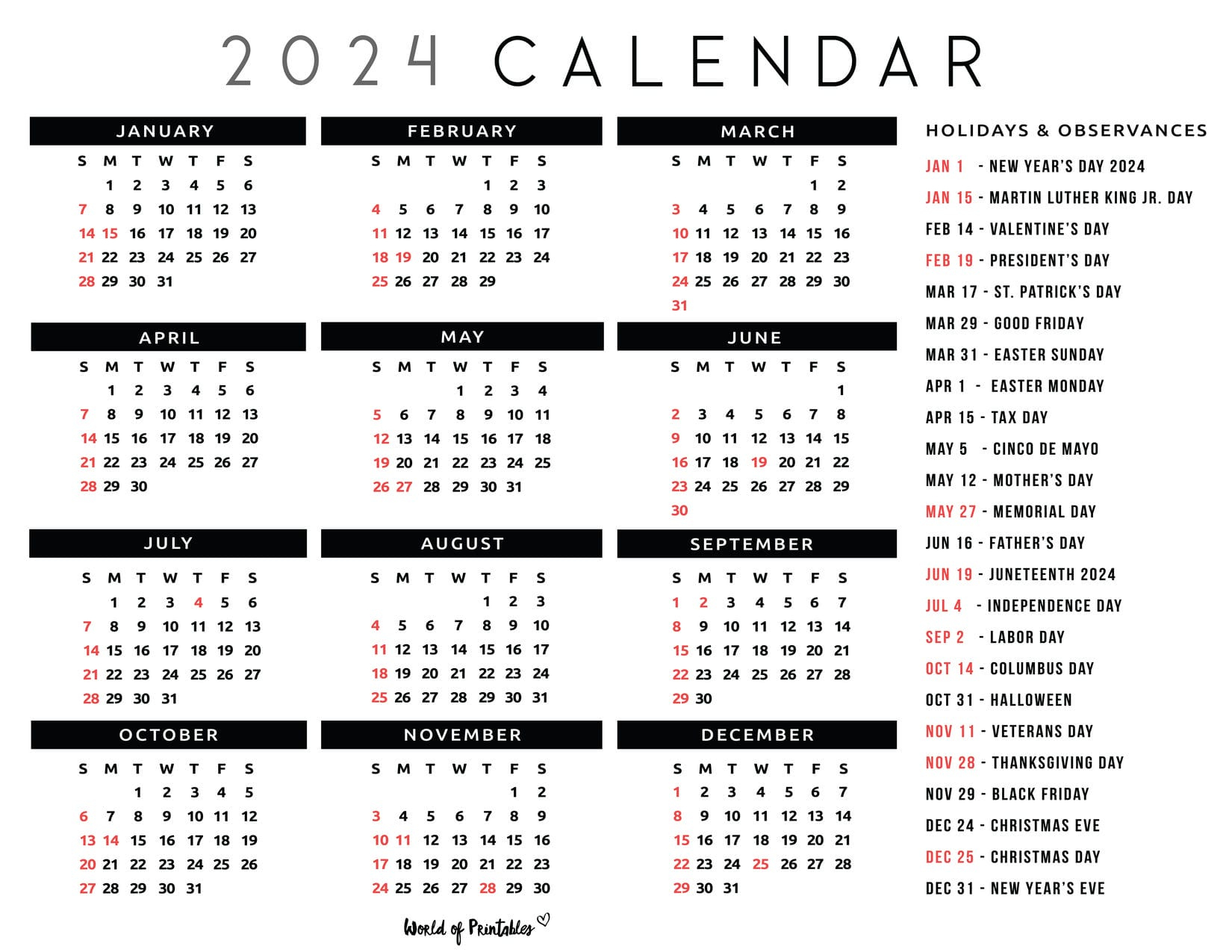 2024 Calendar With Holidays - World Of Printables | Printable National Day Calendar For November 2024