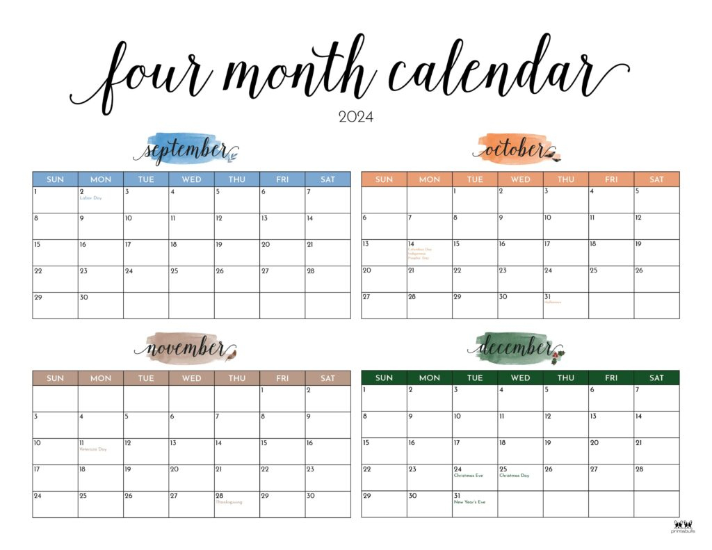 2024 Four Month Calendars - 18 Free Printables | Printabulls | 4 Month Printable Calendar August Thru November 2024