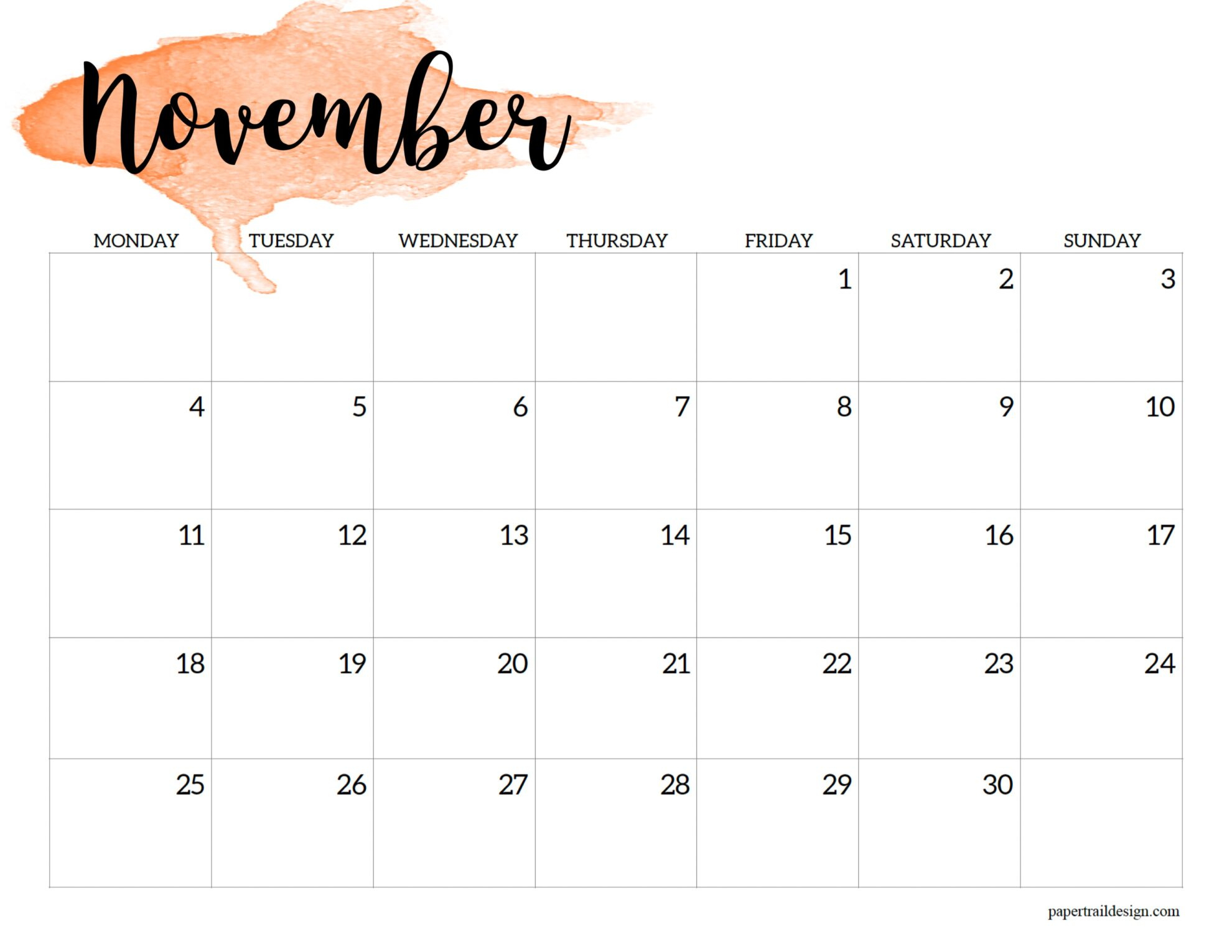 2024 Monday Start Calendar Printable - Watercolor - Paper Trail Design | Printable November 2024 Calendar Monday Start