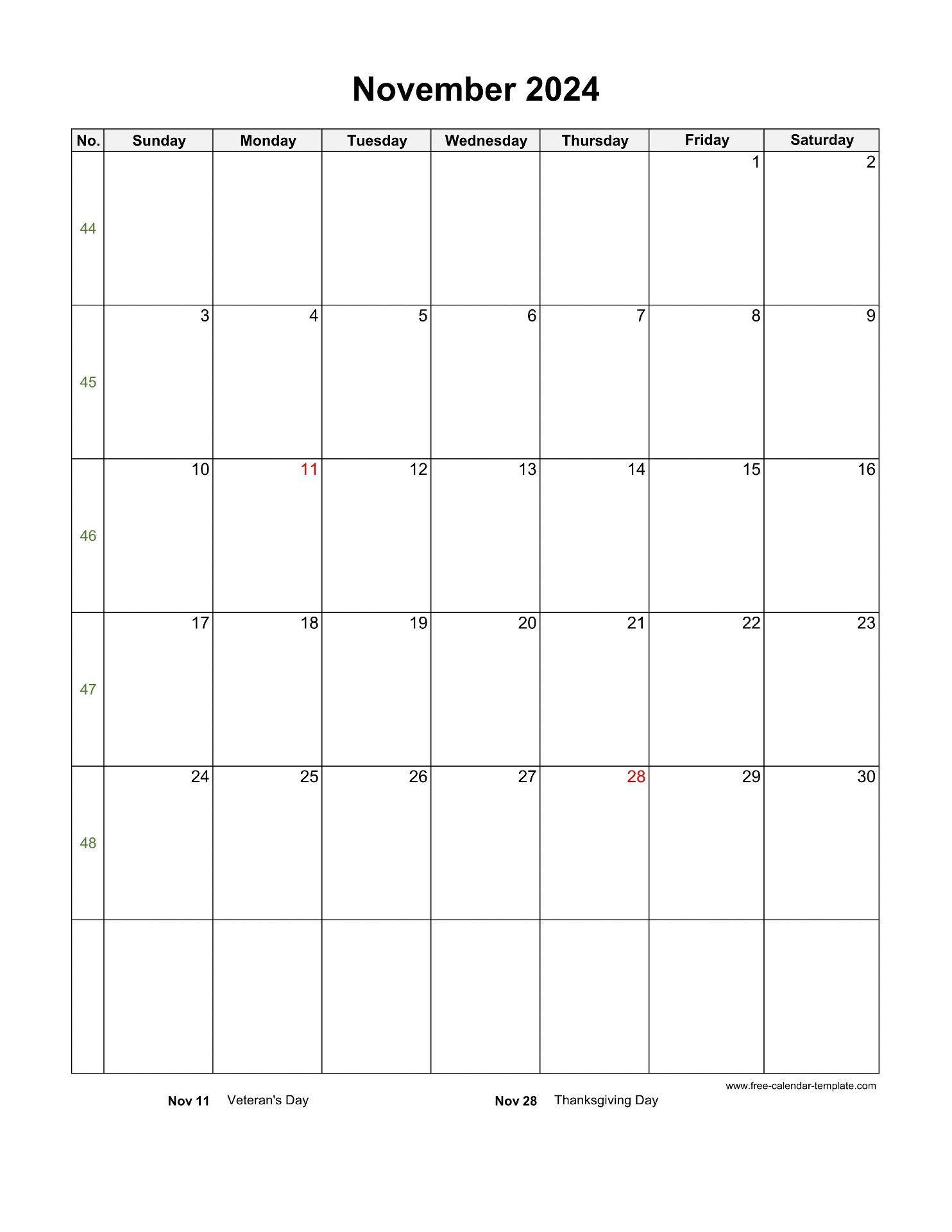 2024 November Calendar (Blank Vertical Template) | Free-Calendar | Printable Week Calendar November 19 2024