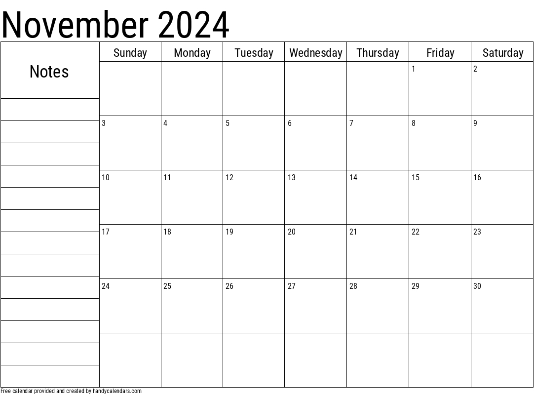 2024 November Calendars - Handy Calendars | Printable November 2024 Calendar With Notes