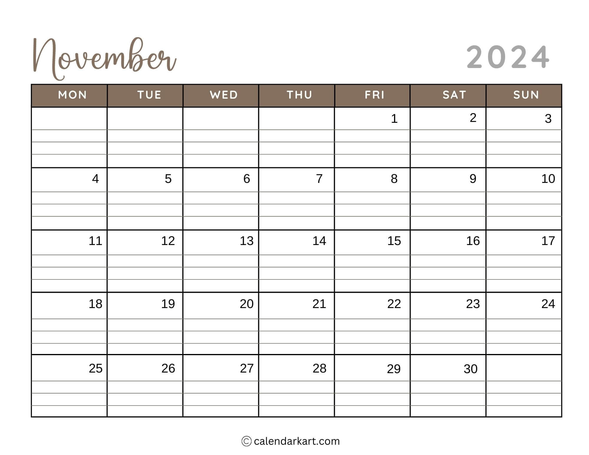 38 Printable November 2024 Calendars | Free Pdf - Calendarkart | Calendar Matching Task November 2024 Printable