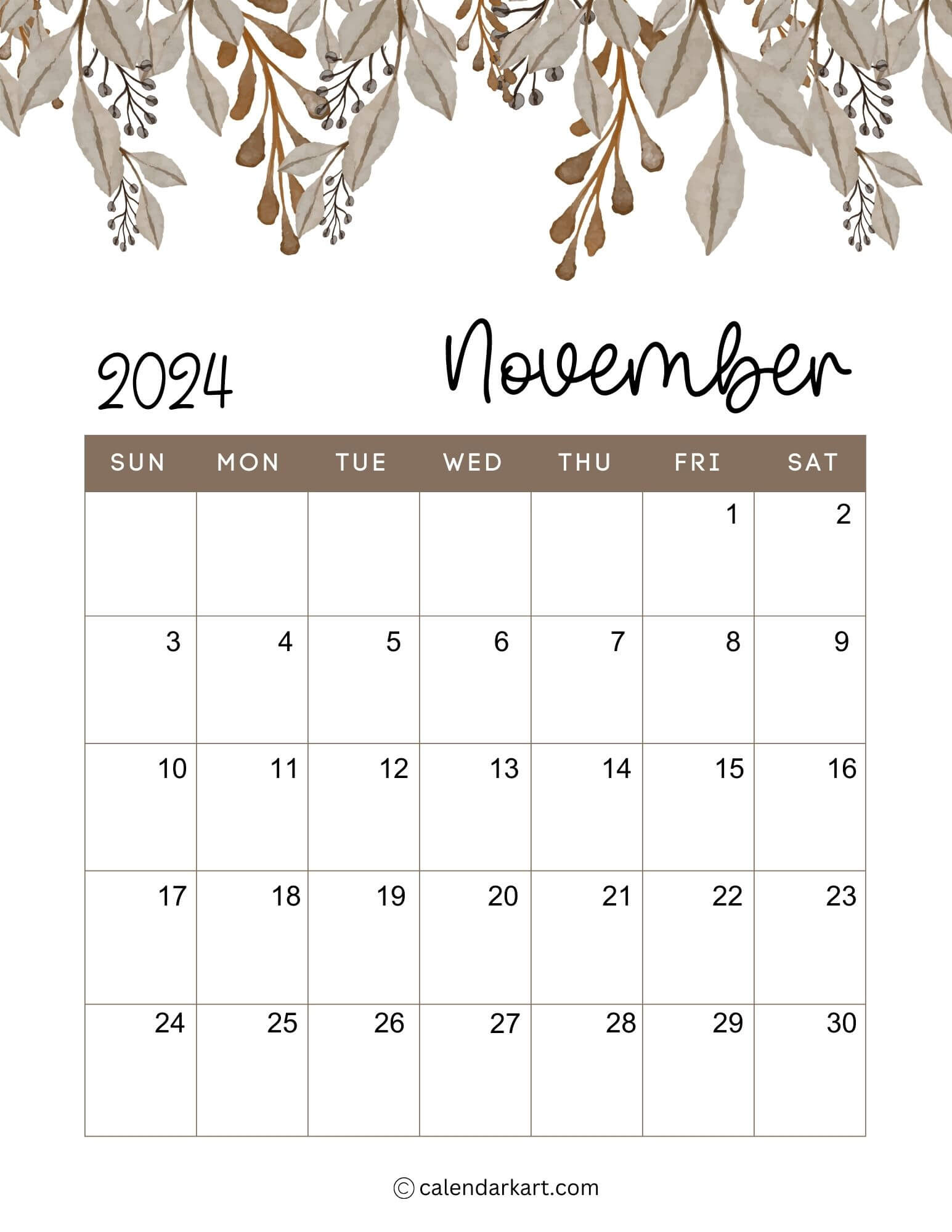 38 Printable November 2024 Calendars | Free Pdf - Calendarkart | Printable November 2024 Calendar To Fill Printer Paper