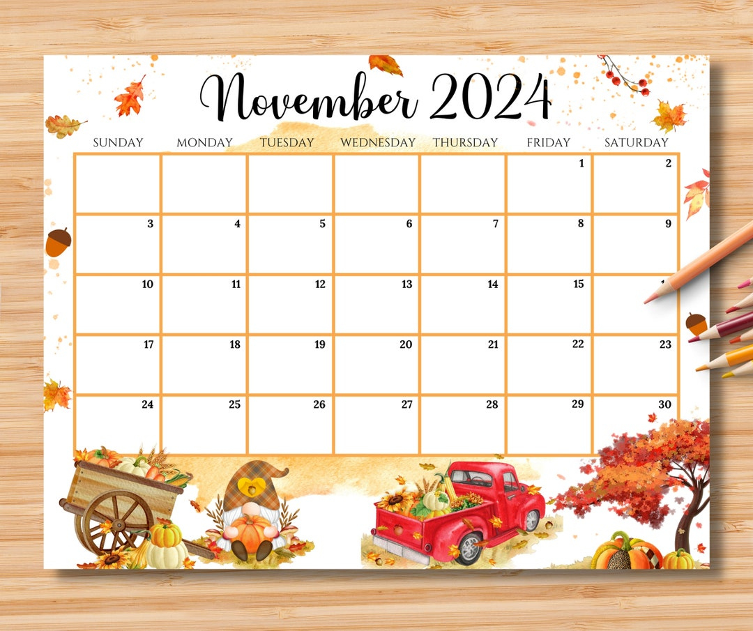 Buy Editable November 2024 Calendar, Beautiful Fall Autumn W/ Pumpkins And Yellow Leaves, Printable Fillable Thanksgiving Planner, Kids Schedule | Printable November 2024 Calendar Waterproof