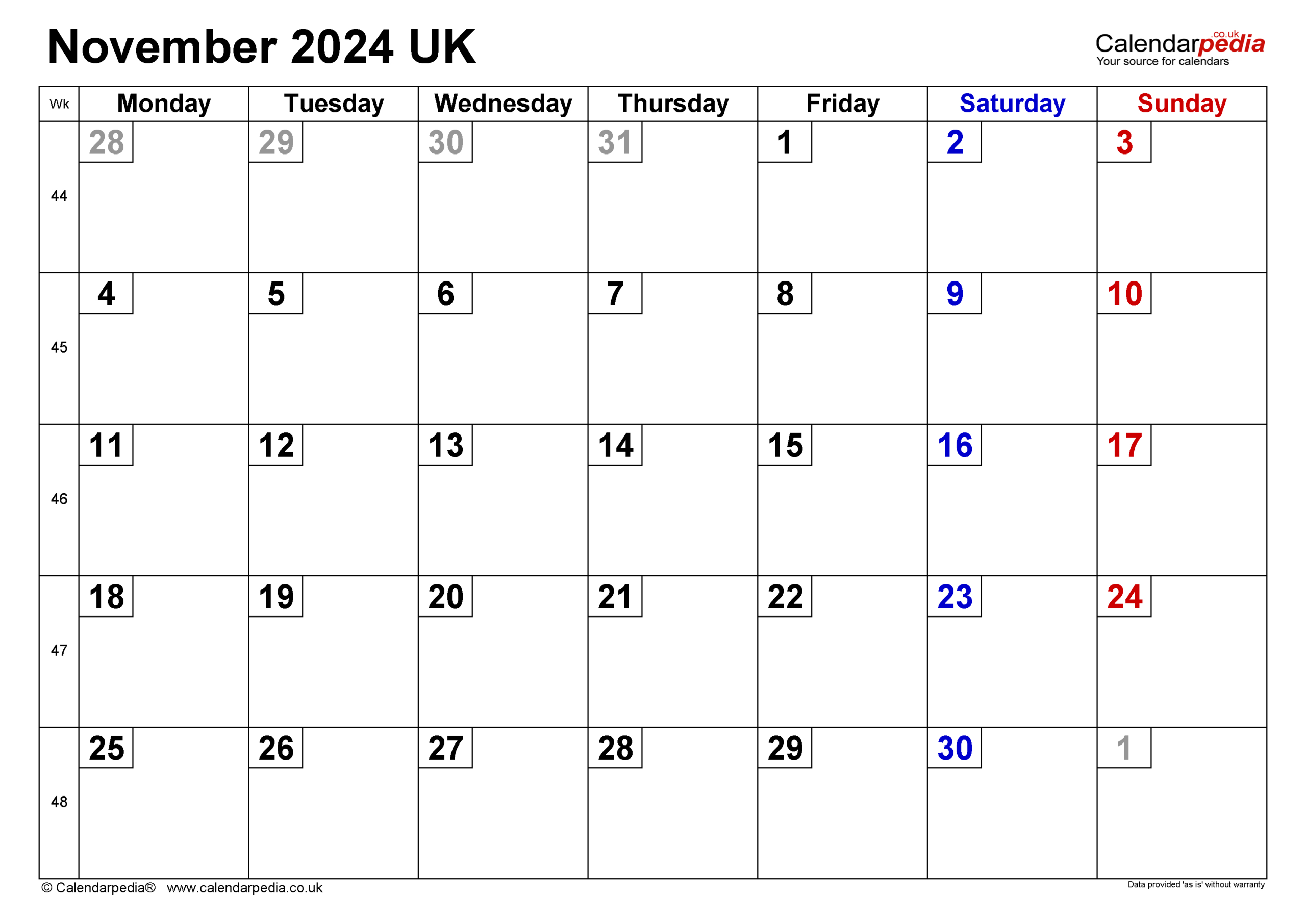 Calendar November 2024 Uk With Excel, Word And Pdf Templates | A3 Printable Calendar November 2024