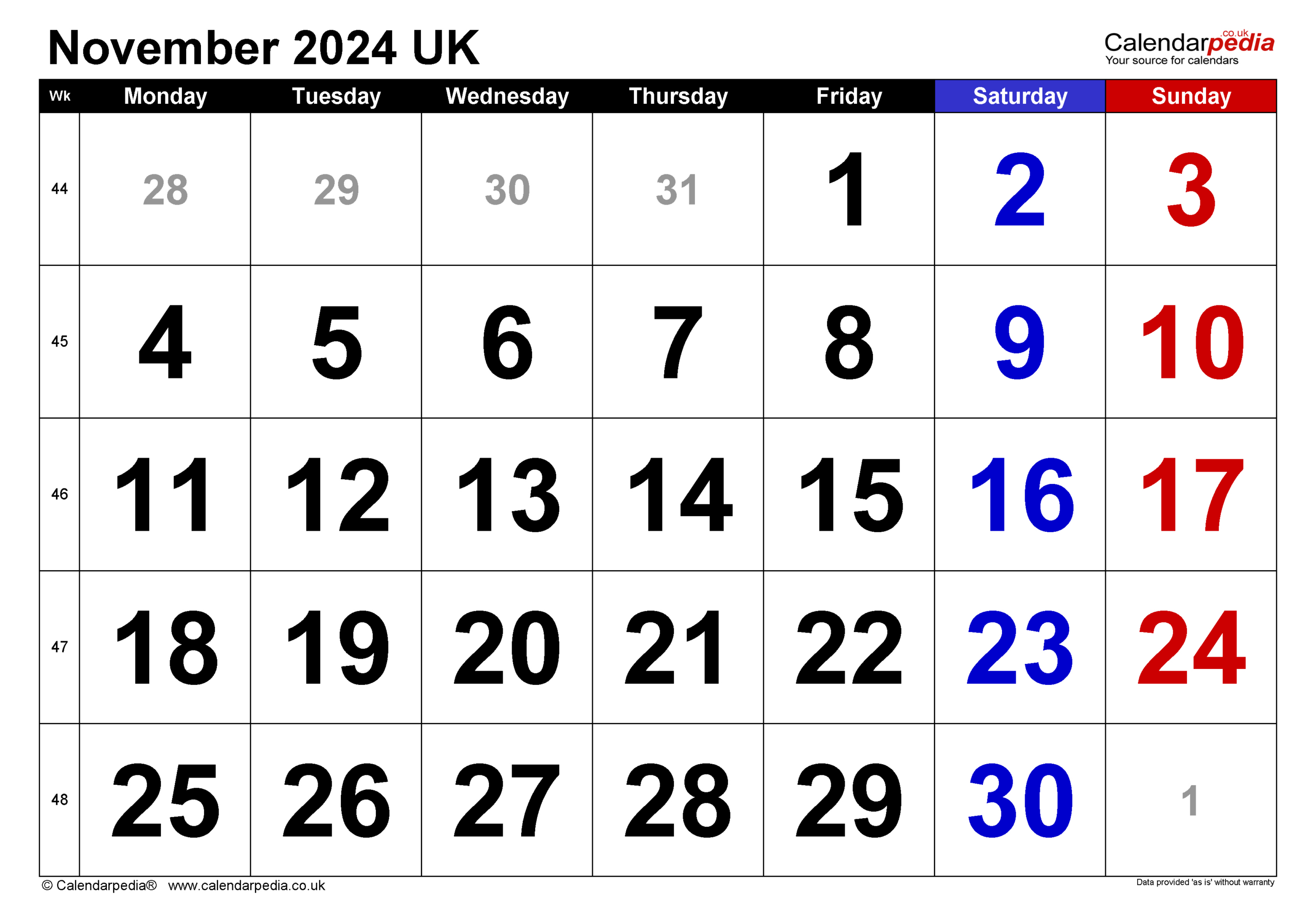 Calendar November 2024 Uk With Excel, Word And Pdf Templates | A3 Printable Calendar November 2024