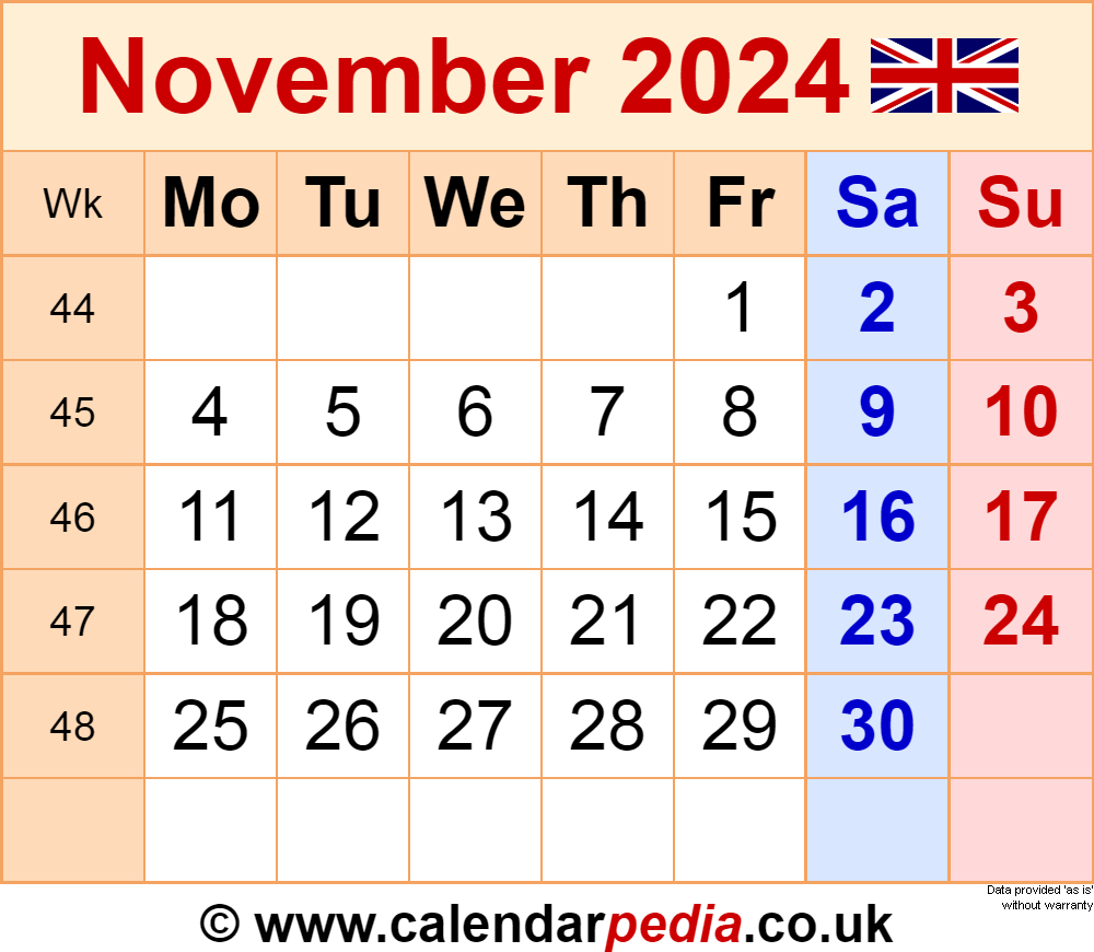 Calendar November 2024 Uk With Excel, Word And Pdf Templates | Printable November 2024 Calendar Uk