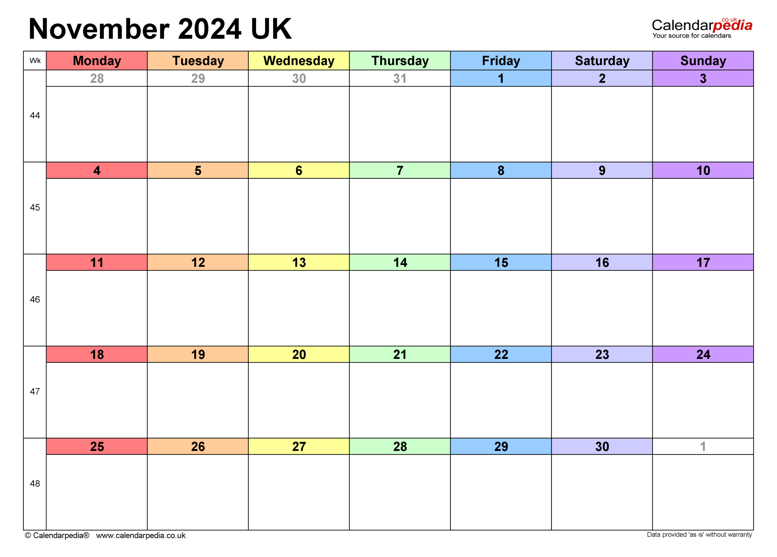 Calendar November 2024 Uk With Excel, Word And Pdf Templates | Printable November 2024 Calendar Uk