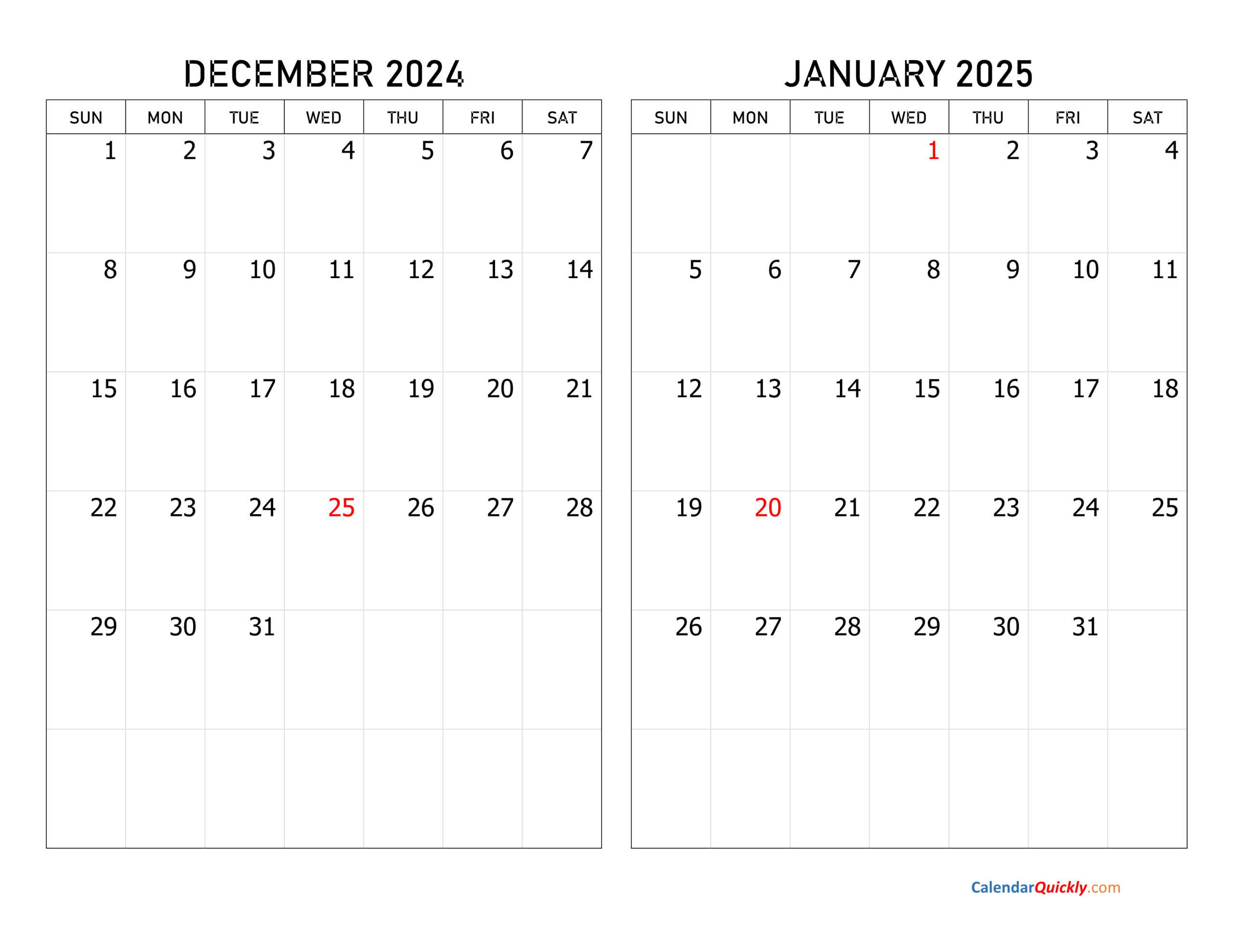 December 2024 And January 2025 Calendar | Calendar Quickly | Printable November December 2024 And January Calendar 2025