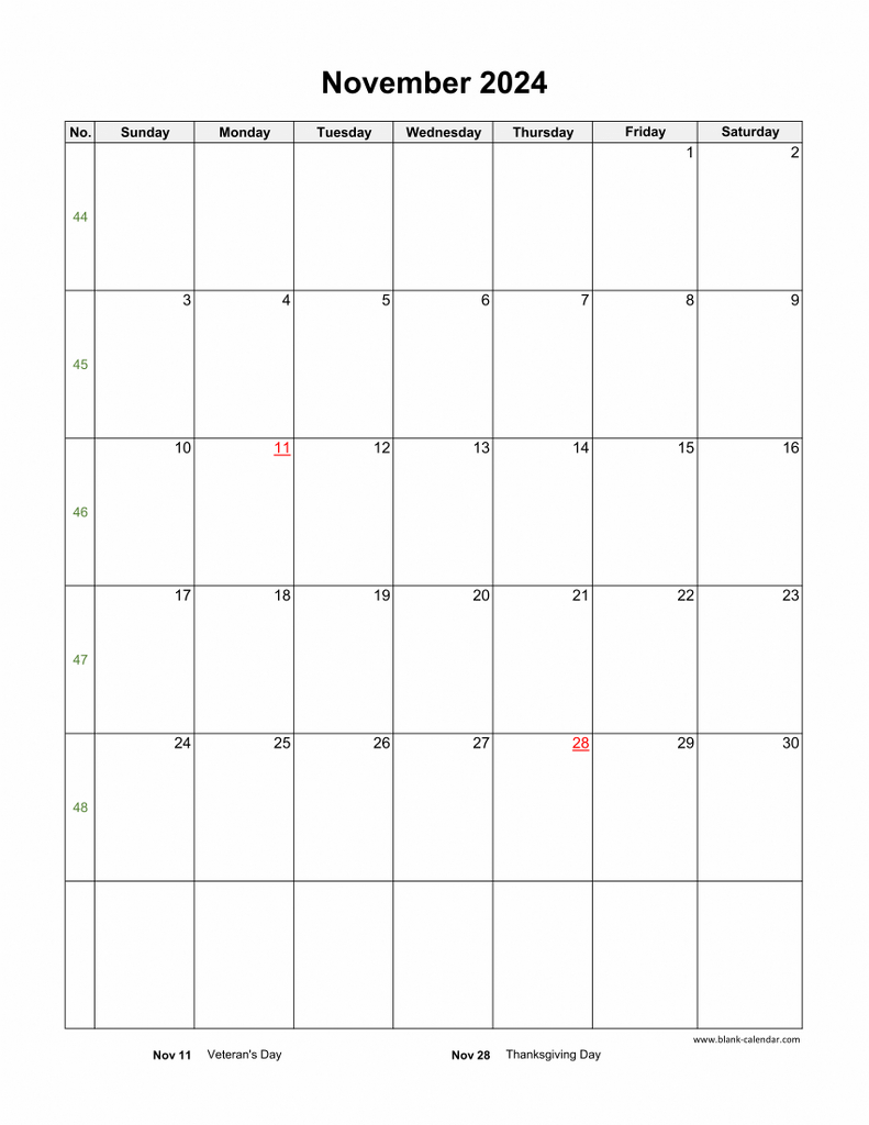 Download November 2024 Blank Calendar With Us Holidays (Vertical) | Blank Calendar November 2024 Printable Holidays