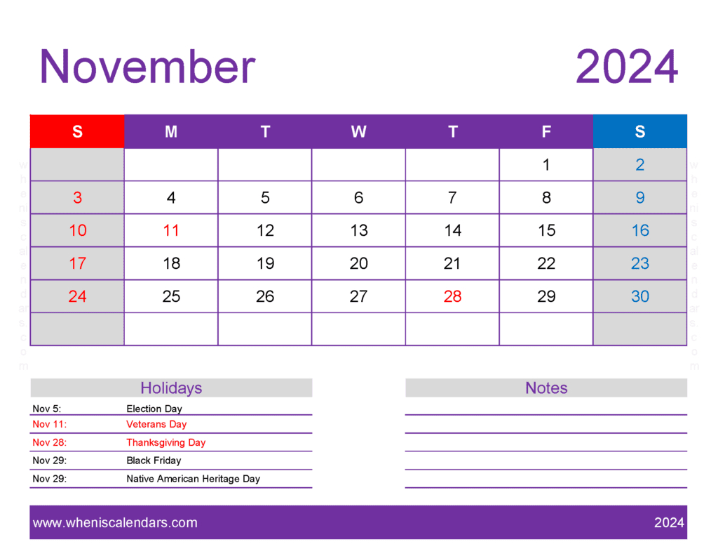 Download November 2024 Printable Calendar Waterproof Letter | Printable November 2024 Calendar Waterproof