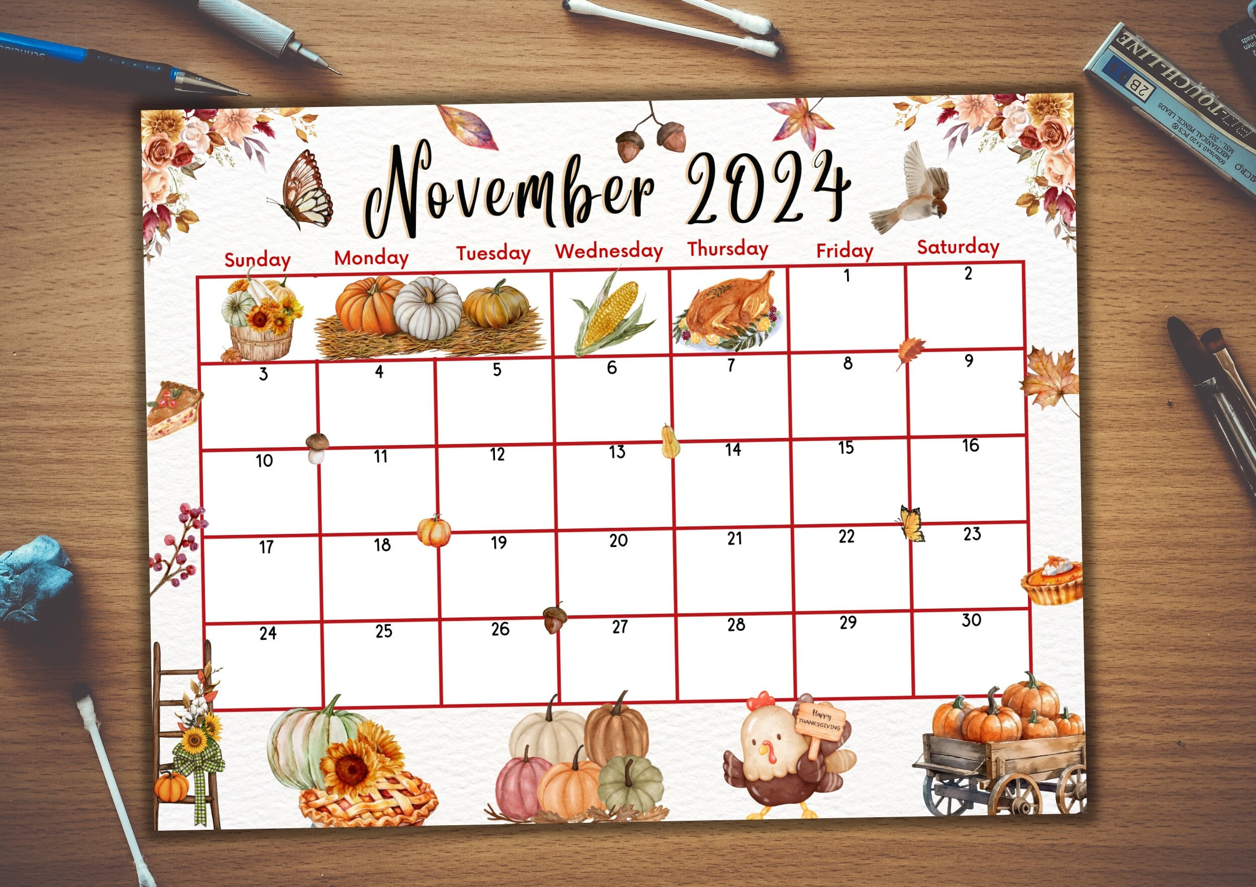 Editable Fillable November 2024 Calendar, Printable, Thanksgiving | Printable November 2024 Calendar Turkey