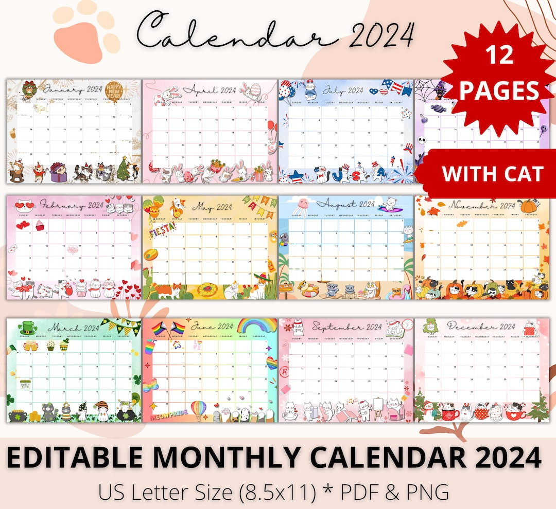 Editable Monthly Calendar 2024, Holiday Calendar, Cat Lover | 20246 November Calendar Printable