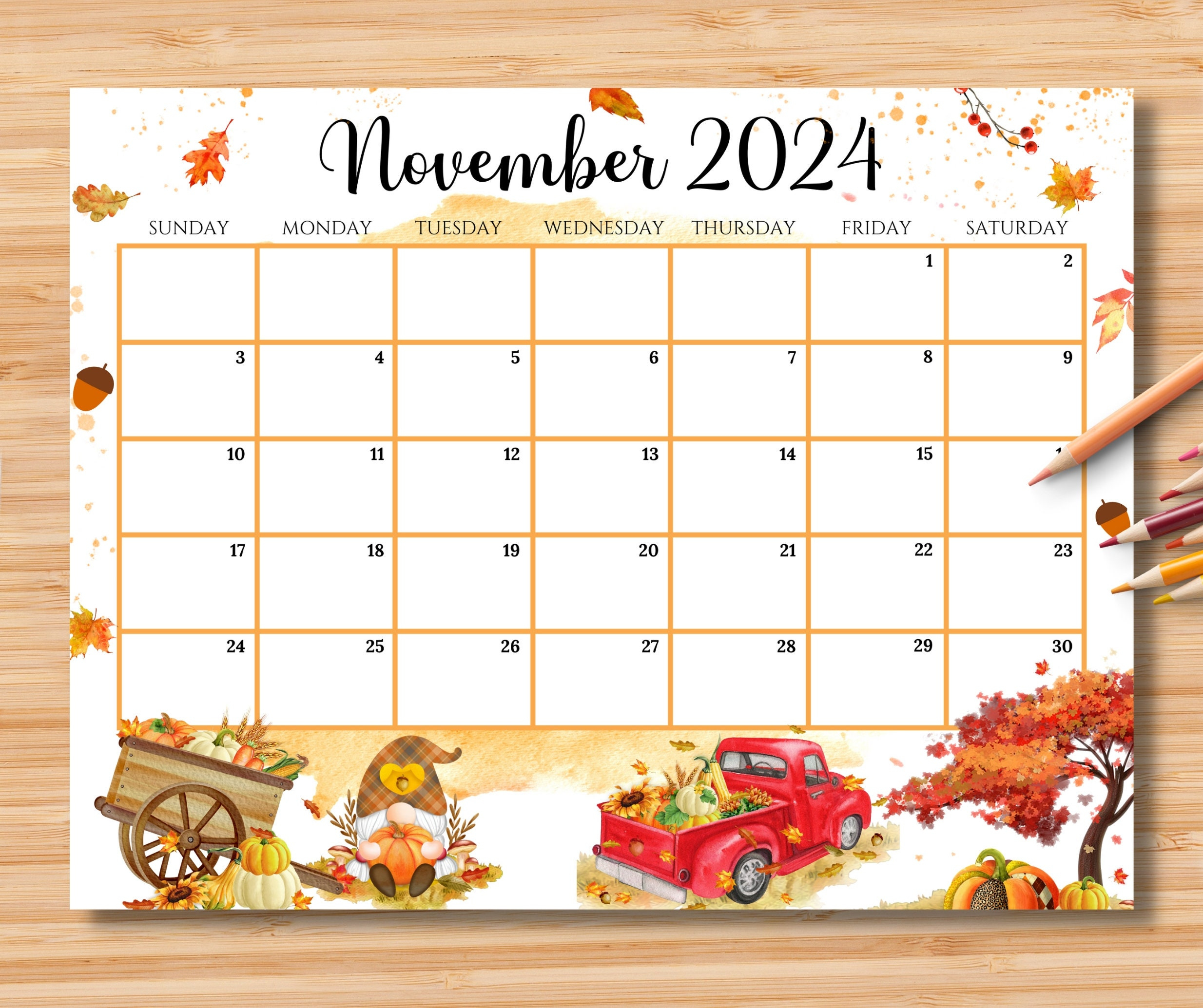 Editable November 2024 Calendar, Beautiful Fall Autumn W/ Pumpkins | Printable November 2024 Calendar Waterproof Paper