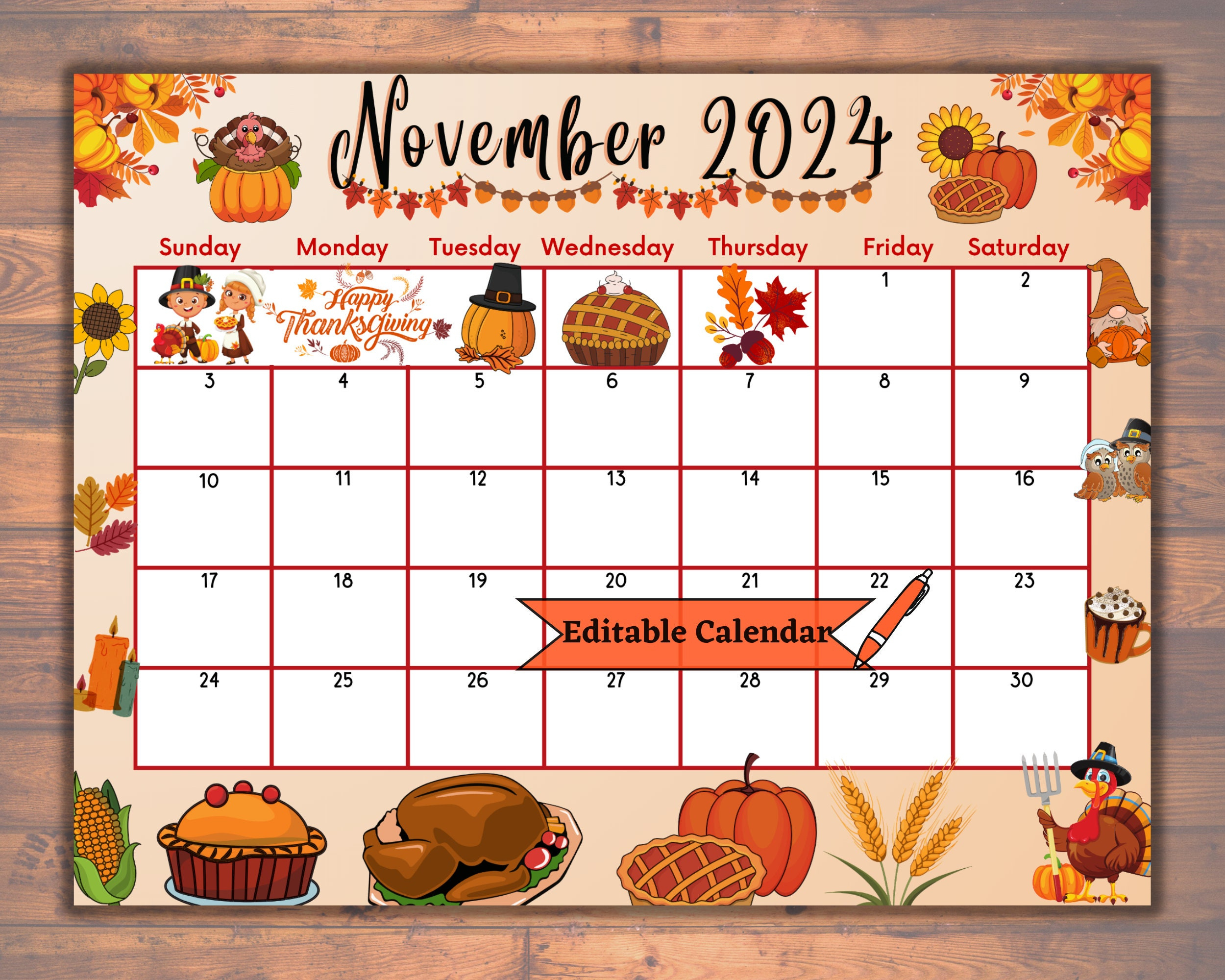 Editable November 2024 Calendar, Fillable, Printable, Happy | November 2024 Calendar Thanksgiving Printable