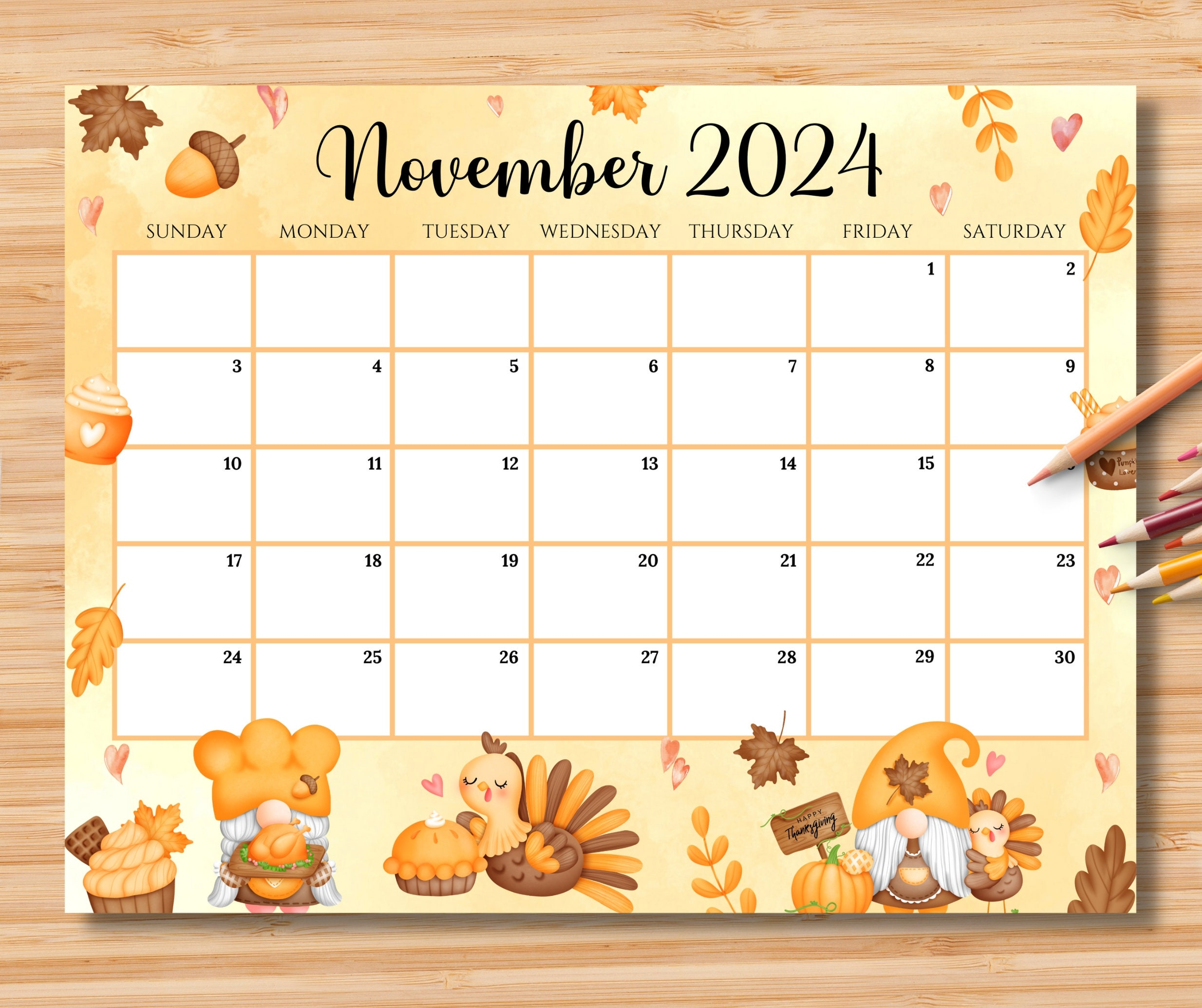 Editable November 2024 Calendar, Happy Thanksgiving With Cute | Printable November 2024 Turkey Calendar Free