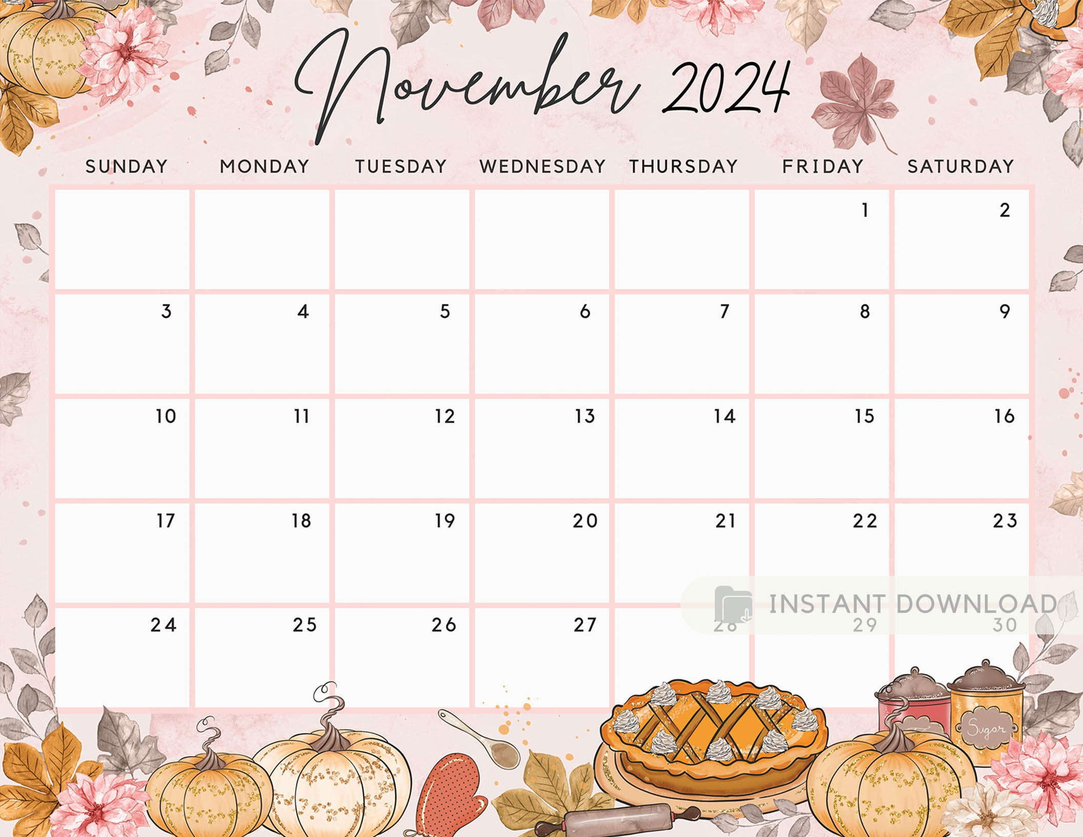 Fillable November 2024 Calendar, Sweet Autumn. Cute Fall Pumpkin | 2024 Cute Printable Monthly Calendar November