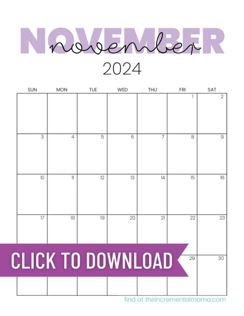 Free 2024 Monthly Calendar Printable Templates - The Incremental Mama | Printable Pocket Calendar November 2024