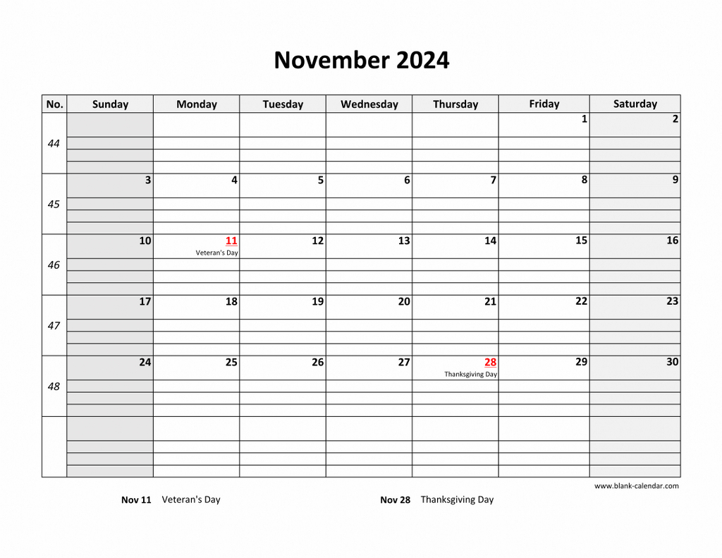 Free Download Printable November 2024 Calendar, Large Box Grid | Printable November 2024 Calendar Horizontal