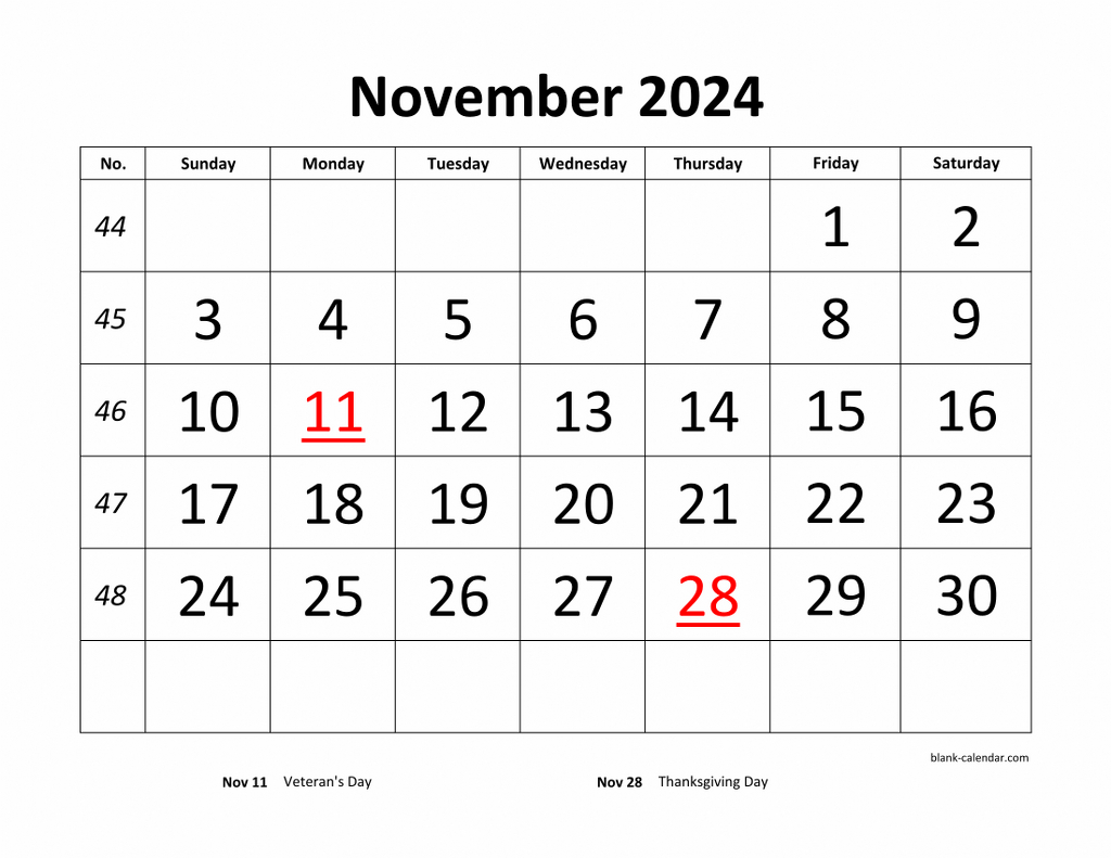 Free Download Printable November 2024 Calendar, Large Font Design | Free Printable November 2024 Calendar With Holidays