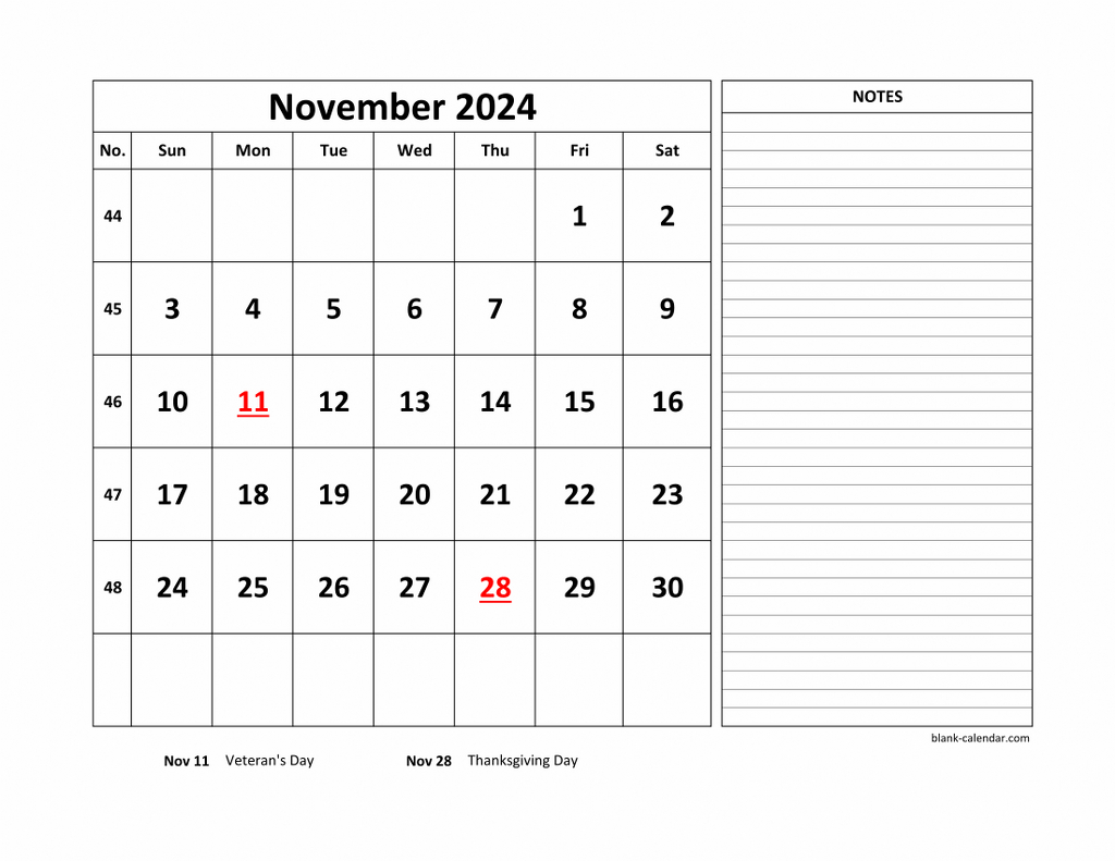 Free Download Printable November 2024 Calendar, Large Space For | November 2024 Printable Calendar With Notes