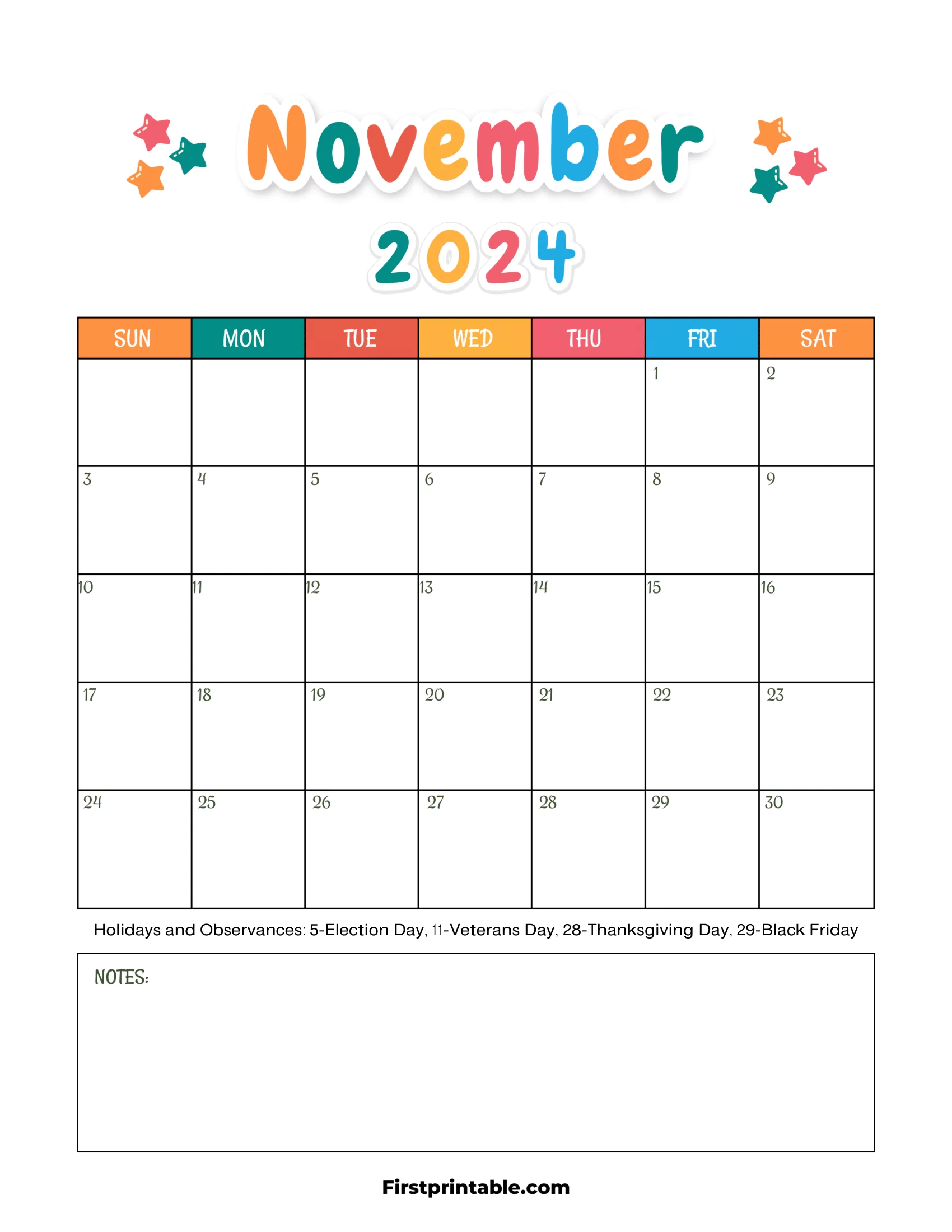 Free Printable &amp;amp; Fillable November Calendar 2024 | 2024 November Calendar Printable Free Kids