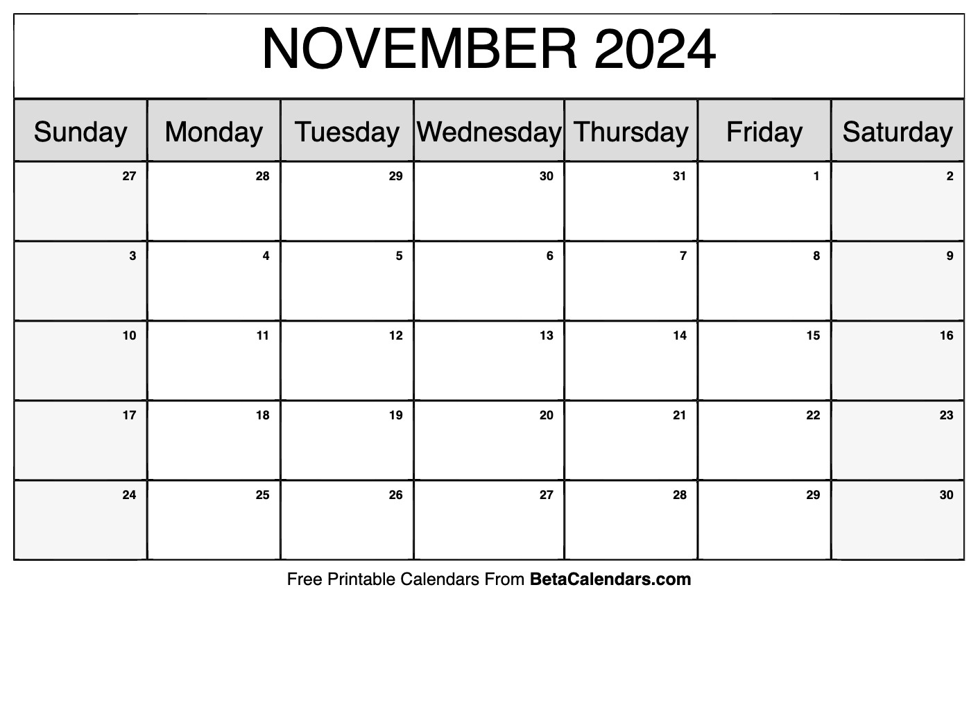 Free Printable November 2024 Calendar | Beta Calendars November 2024 Calendar Printable