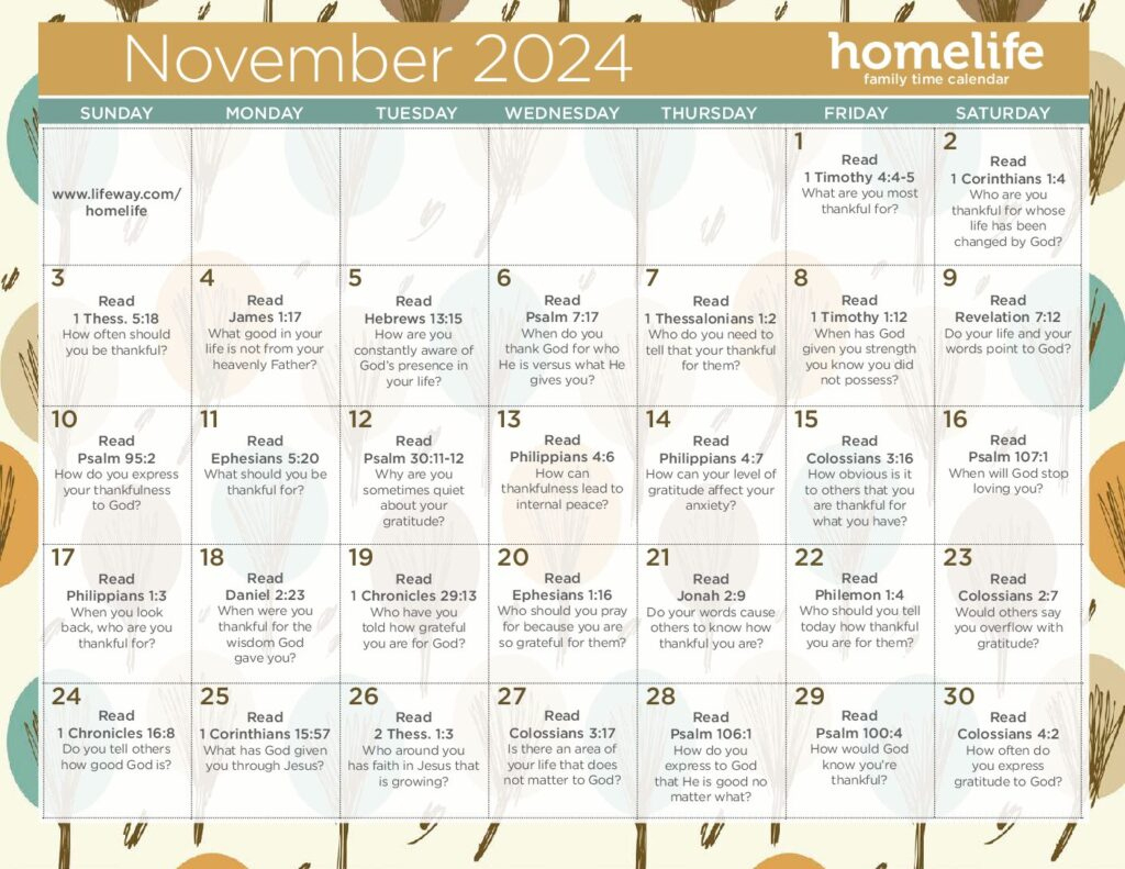 Homelife Calendar &amp;amp; Scripture Art | November 2024 - Lifeway Women | Printable November 2024 Calendar With Scripture