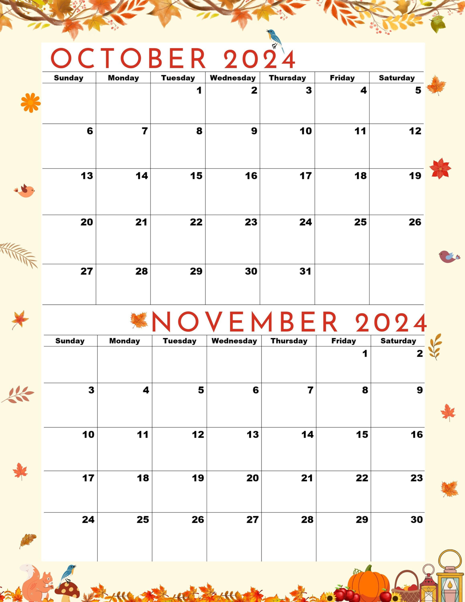 Kalender Für Oktober And November 2024,Happy Thanksgiving | Calendar 2024 October and November Printable